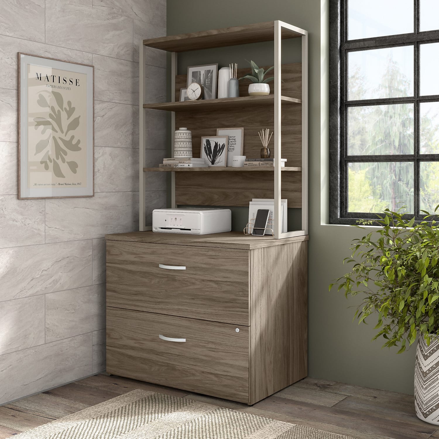 Bush Business Furniture Hybrid 35-11/16inW x 23-3/8inD Lateral 2-Drawer File Cabinet With Shelves, Modern Hickory, Standard Delivery - Image 3