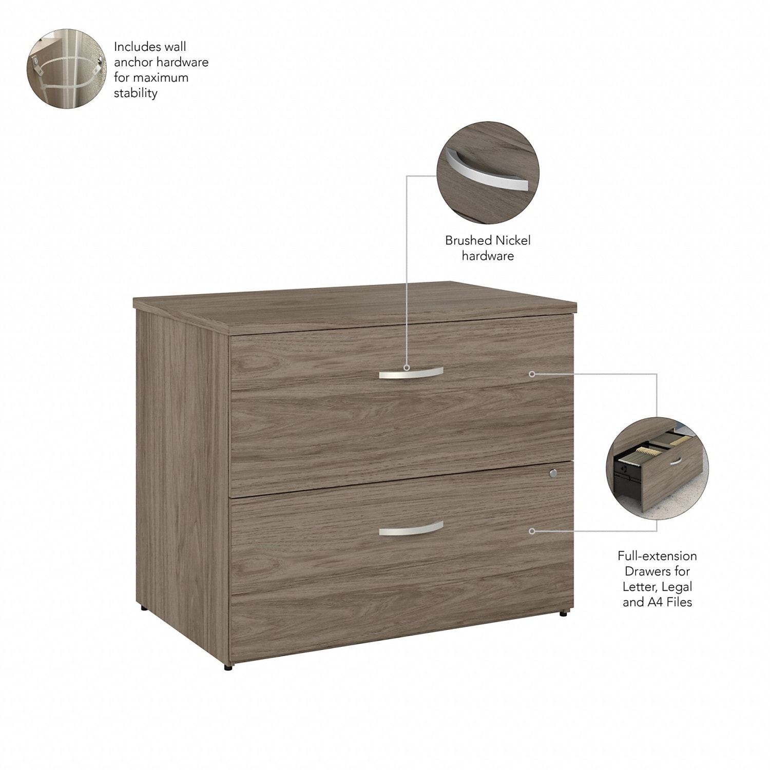 Bush Business Furniture Hybrid 35-11/16inW x 23-3/8inD Lateral 2-Drawer File Cabinet With Shelves, Modern Hickory, Standard Delivery - Image 5