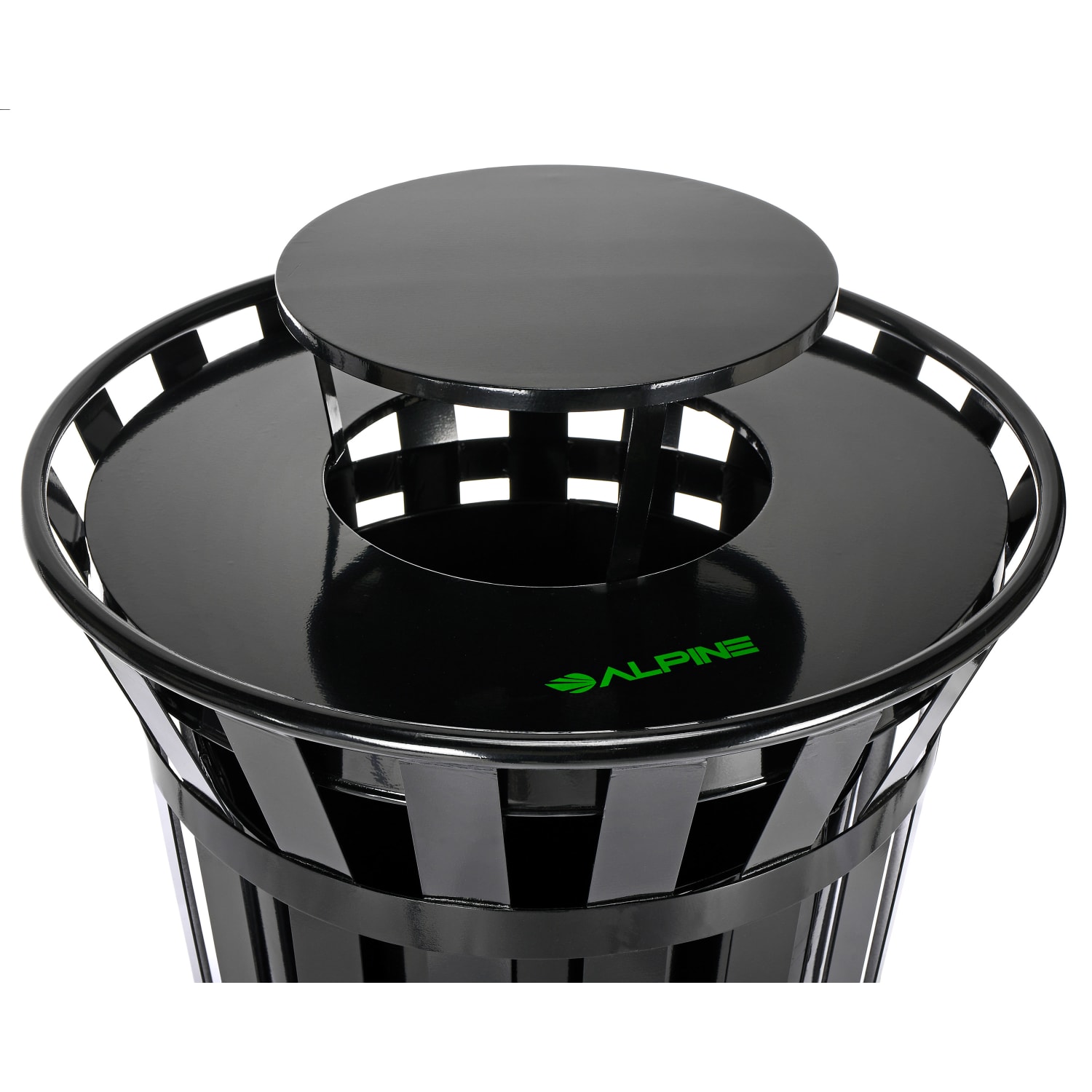 Alpine 38-Gallon Metal-Slatted Outdoor Commercial Trash Can, With Lid, Black - Image 3