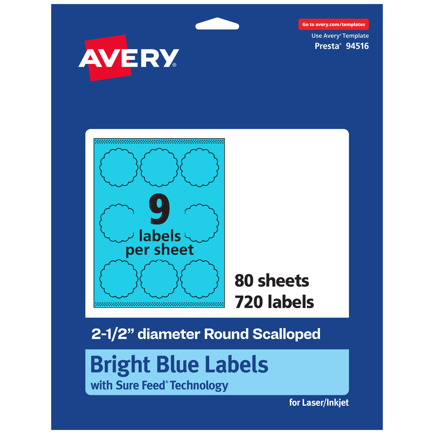 Avery Print-To-The-Edge Labels With Sure Feed Technology, 94516-BBP80, Round Scalloped, 2-1/2in, Matte Bright Blue, Pack of 720