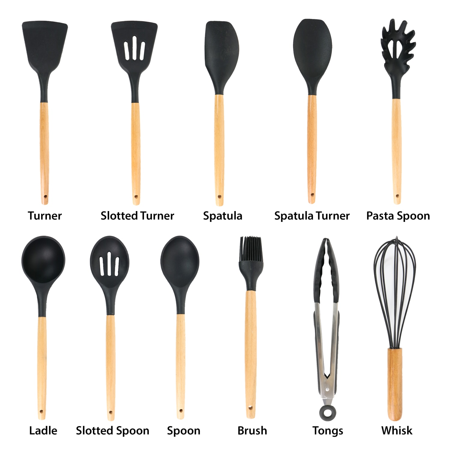 MegaChef Silicone And Wood Cooking Utensils, Black, Set Of 12 Utensils - Image 4
