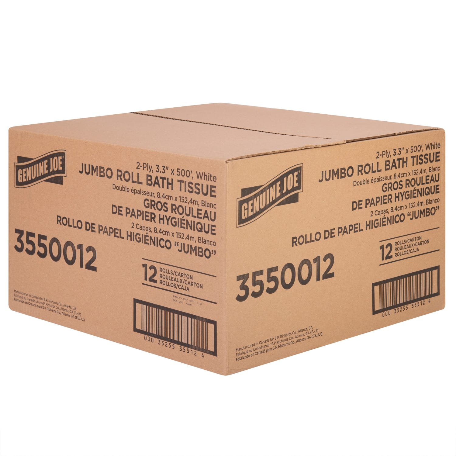 Genuine Joe Jumbo Jr Dispenser Bath Tissue Roll - 2 Ply - 3.30in Width x 500 ft Length - 8.88in Roll Diameter - White - Fiber - 12 / Carton - Image 4