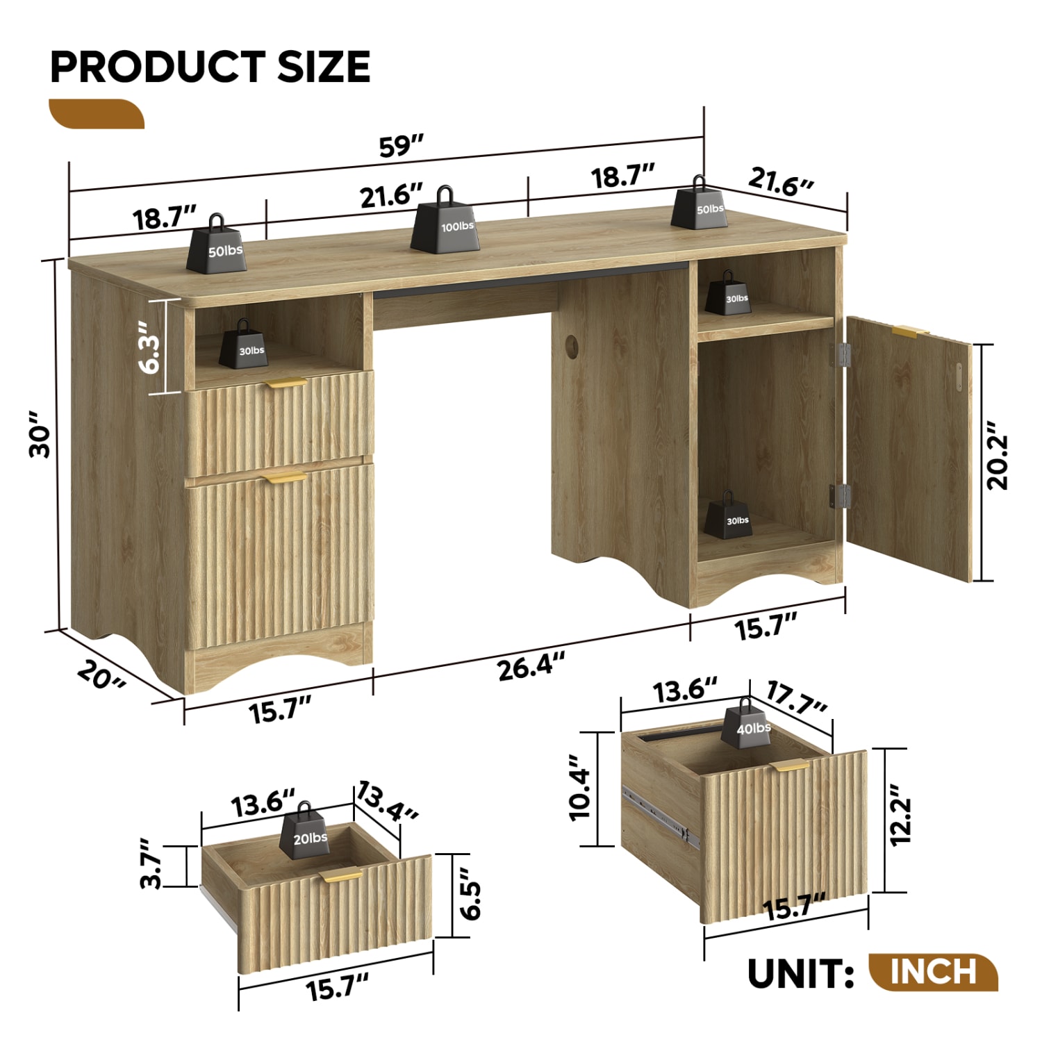 Bestier 60inW Fluted Executive Desk With Drawers/Cabinet, Natural - Image 4