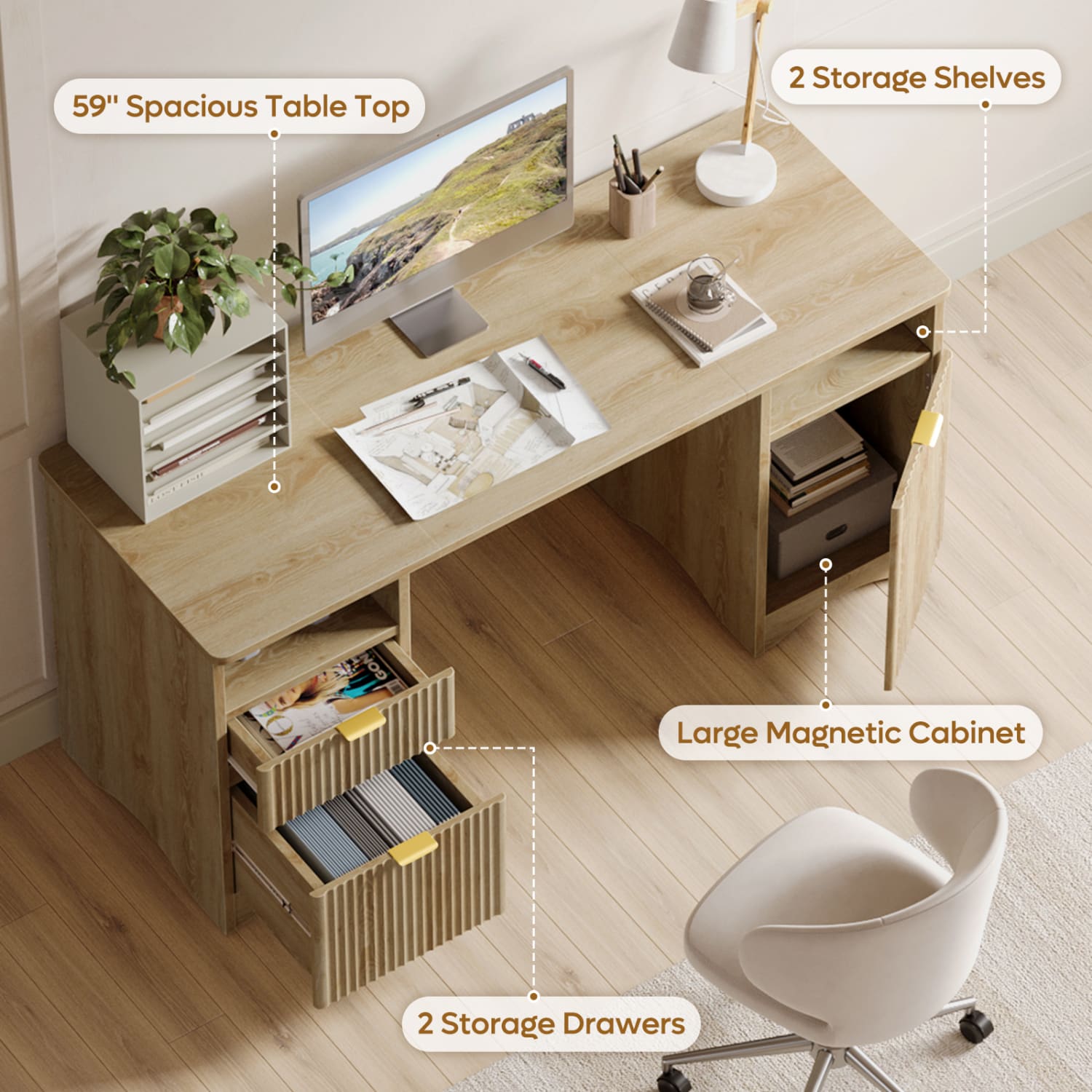 Bestier 60inW Fluted Executive Desk With Drawers/Cabinet, Natural - Image 6
