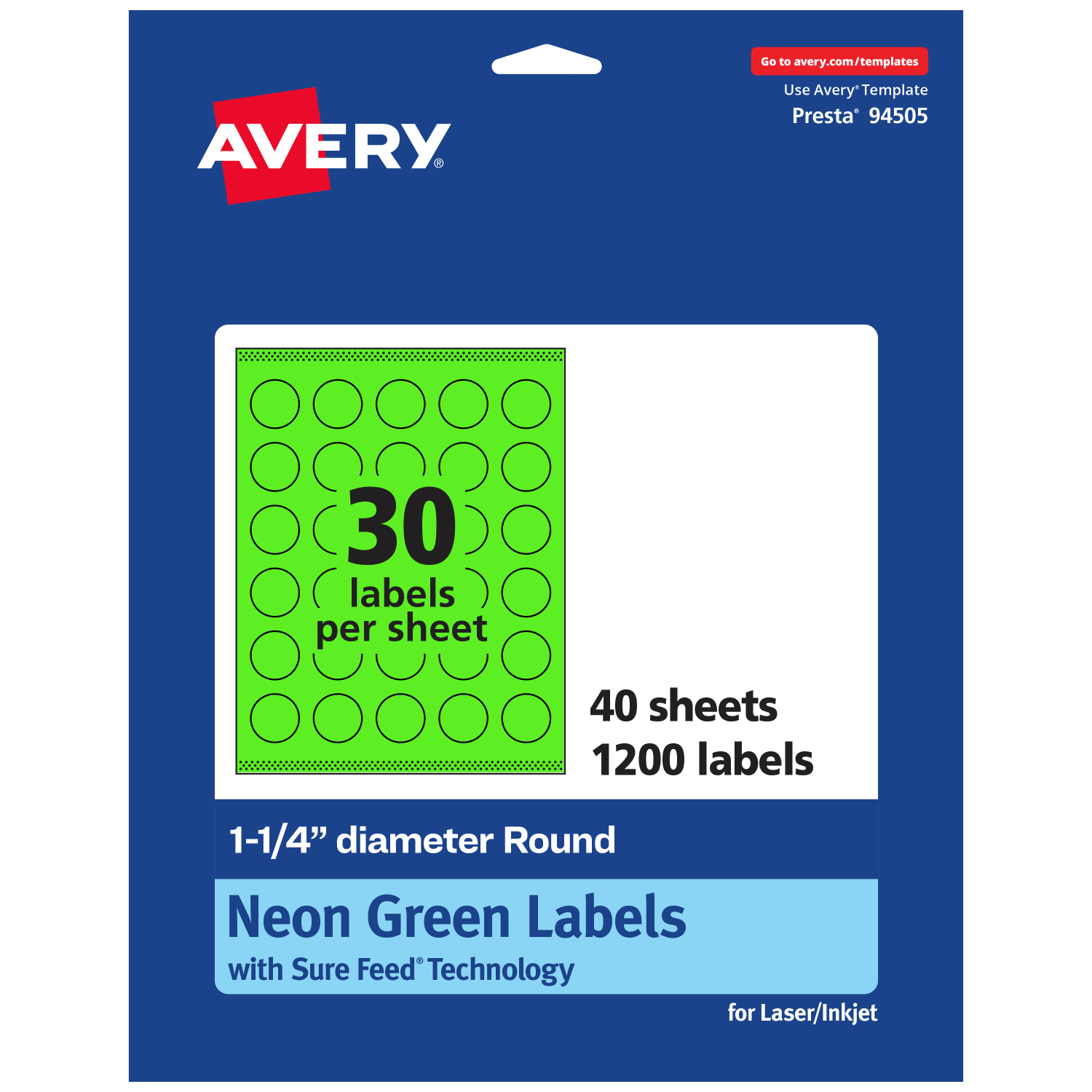 Avery Print-To-The-Edge Labels With Sure Feed Technology, 94505-NGP40, Round, 1-1/4in, Matte Neon Green, Pack of 1200