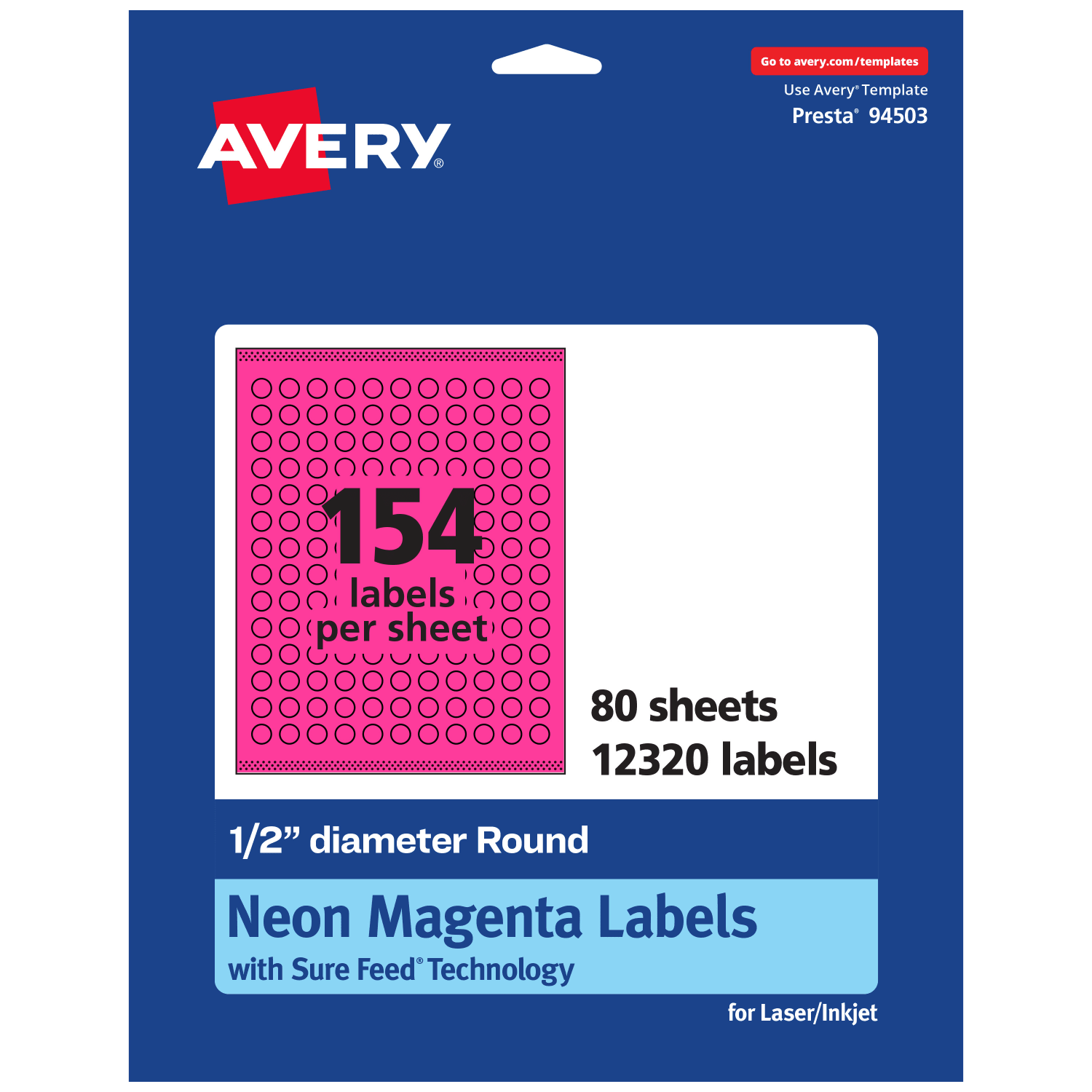 Avery Print-To-The-Edge Labels With Sure Feed Technology, 94503-NMP80, Round, 1/2in, Matte Neon Magenta, Pack of 12320 - Image 3