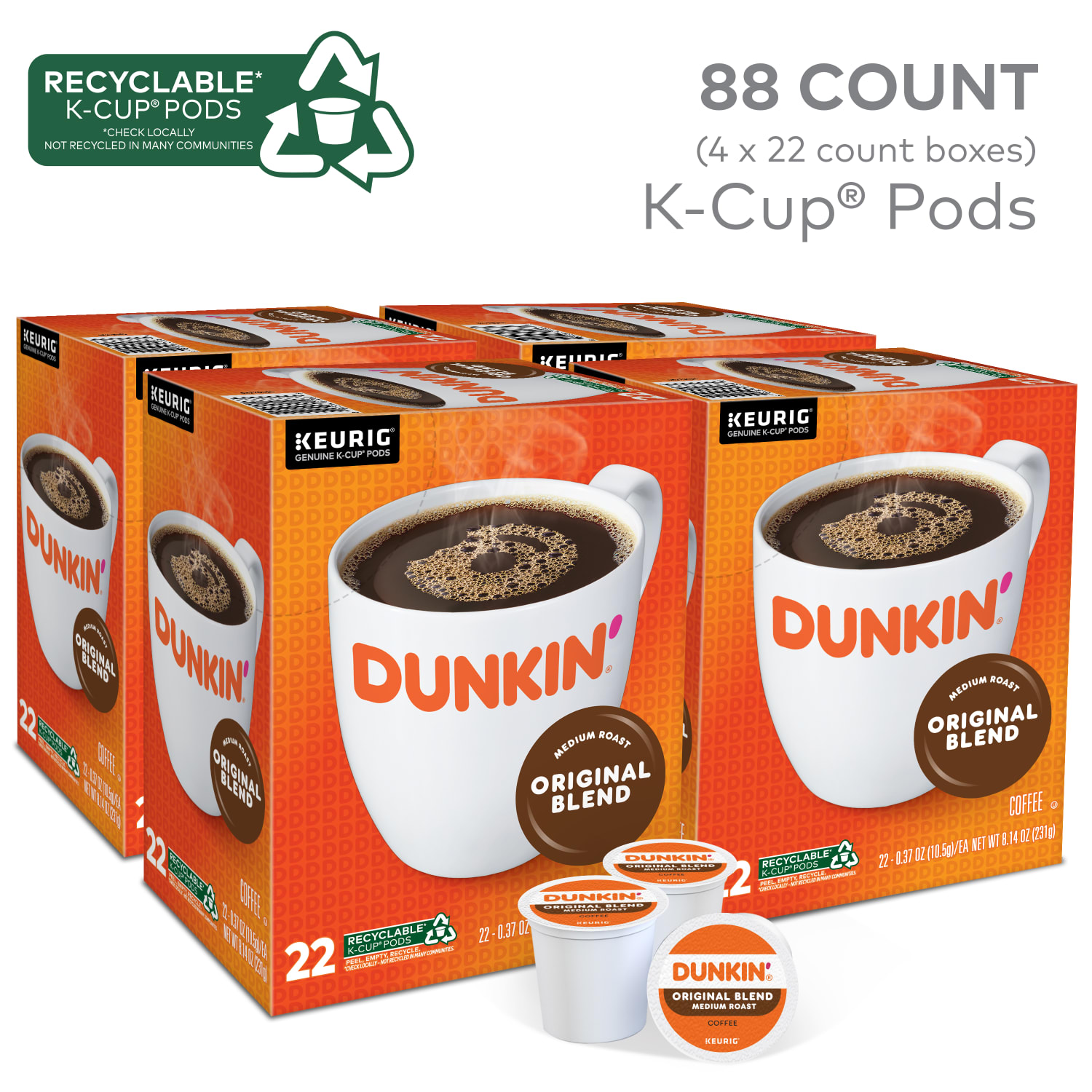 Dunkin Original Blend Keurig Single Serve K-Cup Pods, Medium Roast, 22 Pods Per Pack, Case Of 4 Packs - Image 3