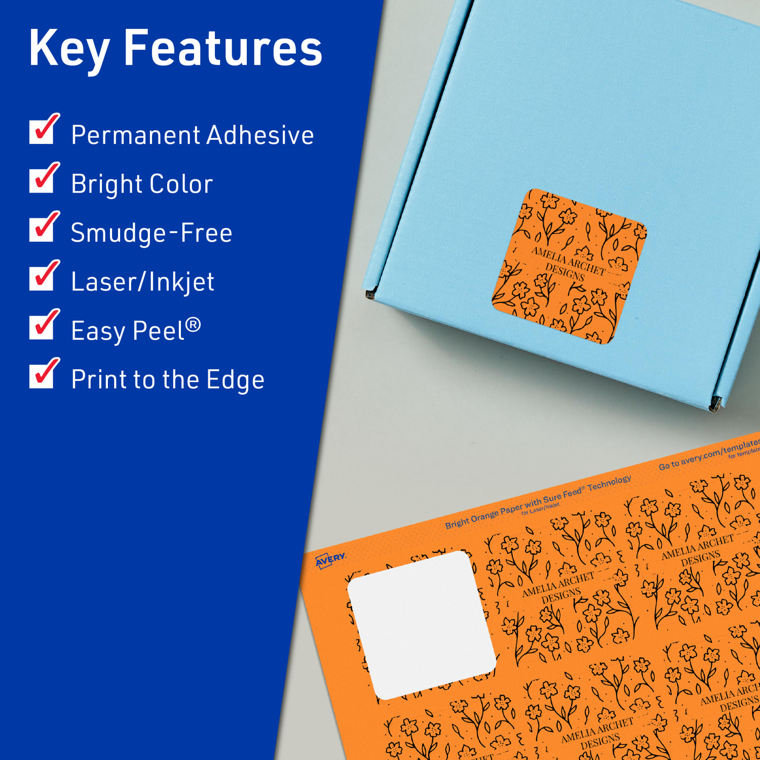 Avery Print-To-The-Edge Labels With Sure Feed Technology And Easy Peel, 94107-BOP20, Square, 2in x 2in, Matte Bright Orange, Pack of 240 - Image 3