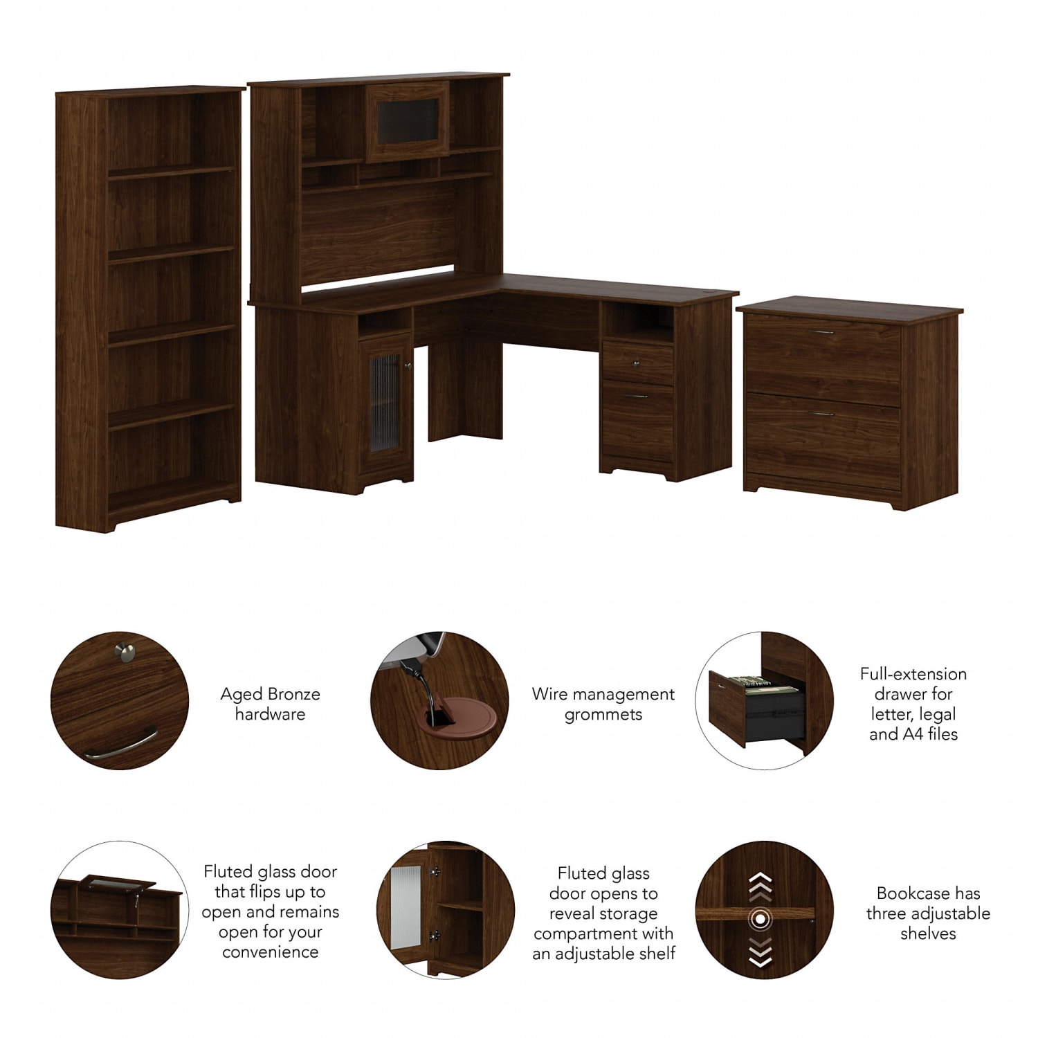 Bush Business Furniture Cabot 60inW L-Shaped Corner Desk With Hutch, Lateral File Cabinet And 5-Shelf Bookcase, Modern Walnut, Standard Delivery - Image 4