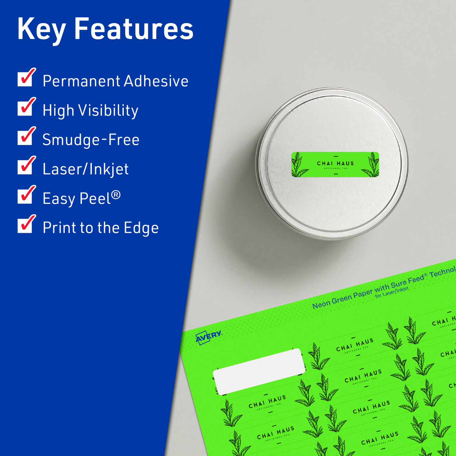 Avery Print-To-The-Edge Labels With Sure Feed Technology And Easy Peel, 94219-NGP80, Rectangle, 1in x 1-1/2in, Matte Neon Green, Pack of 2560 - Image 3
