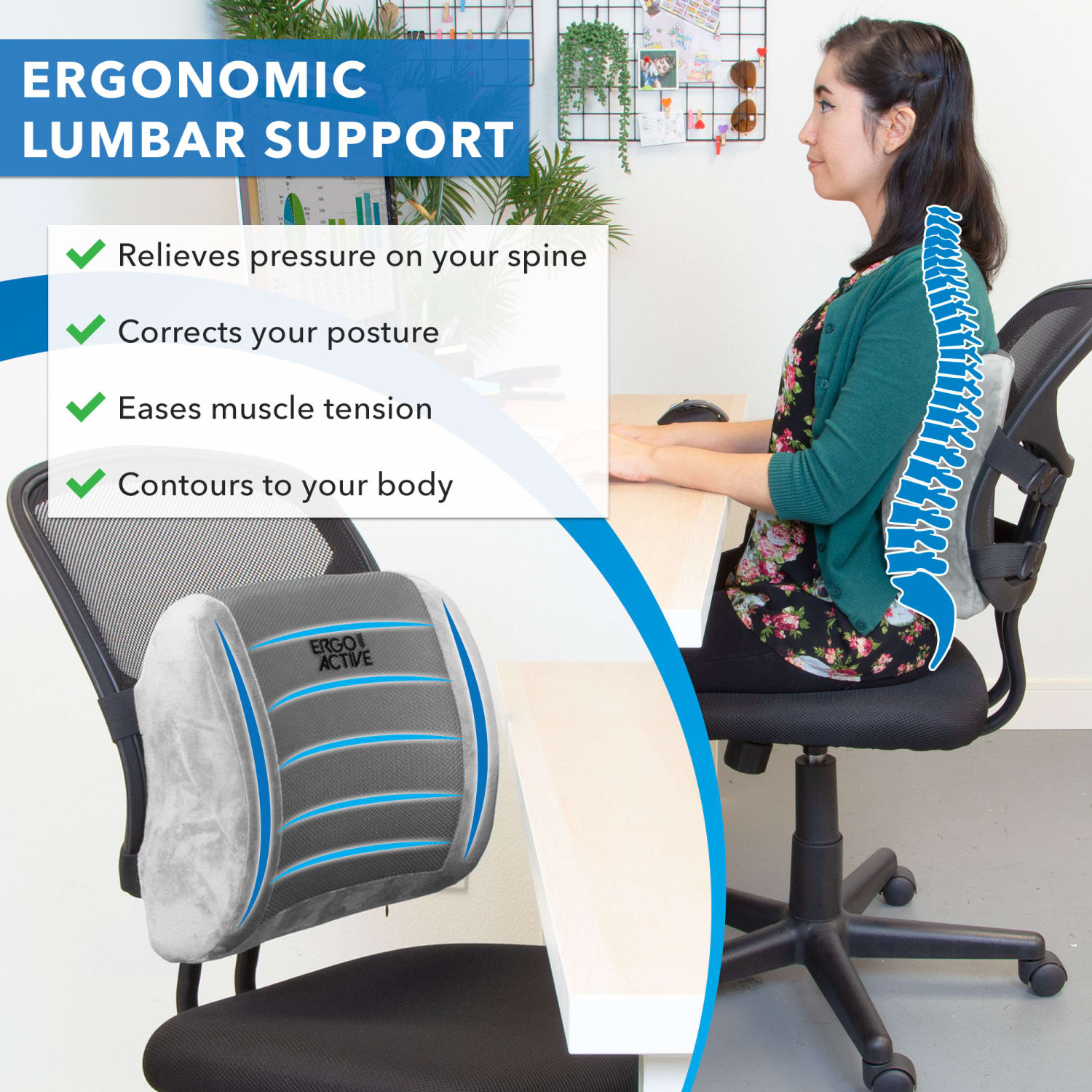 Mount It ErgoActive Lumbar Support Pillow Memory Foam 1275inH x 15inW Gray PopularChairscom