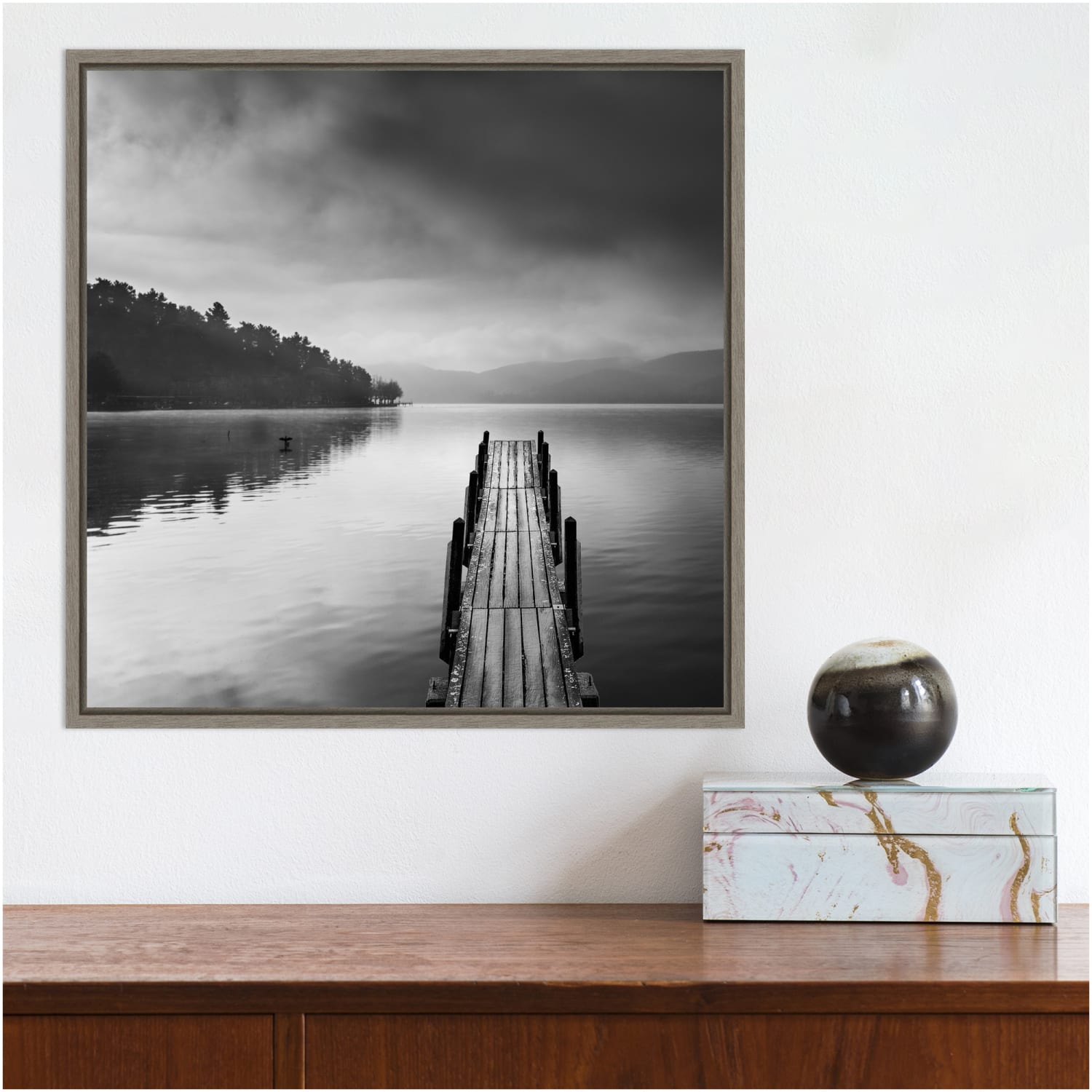 Amanti Art Lake View With Pier II by George Digalakis Framed Canvas Wall Art Print, 16in x 16in, Graywash - Image 4