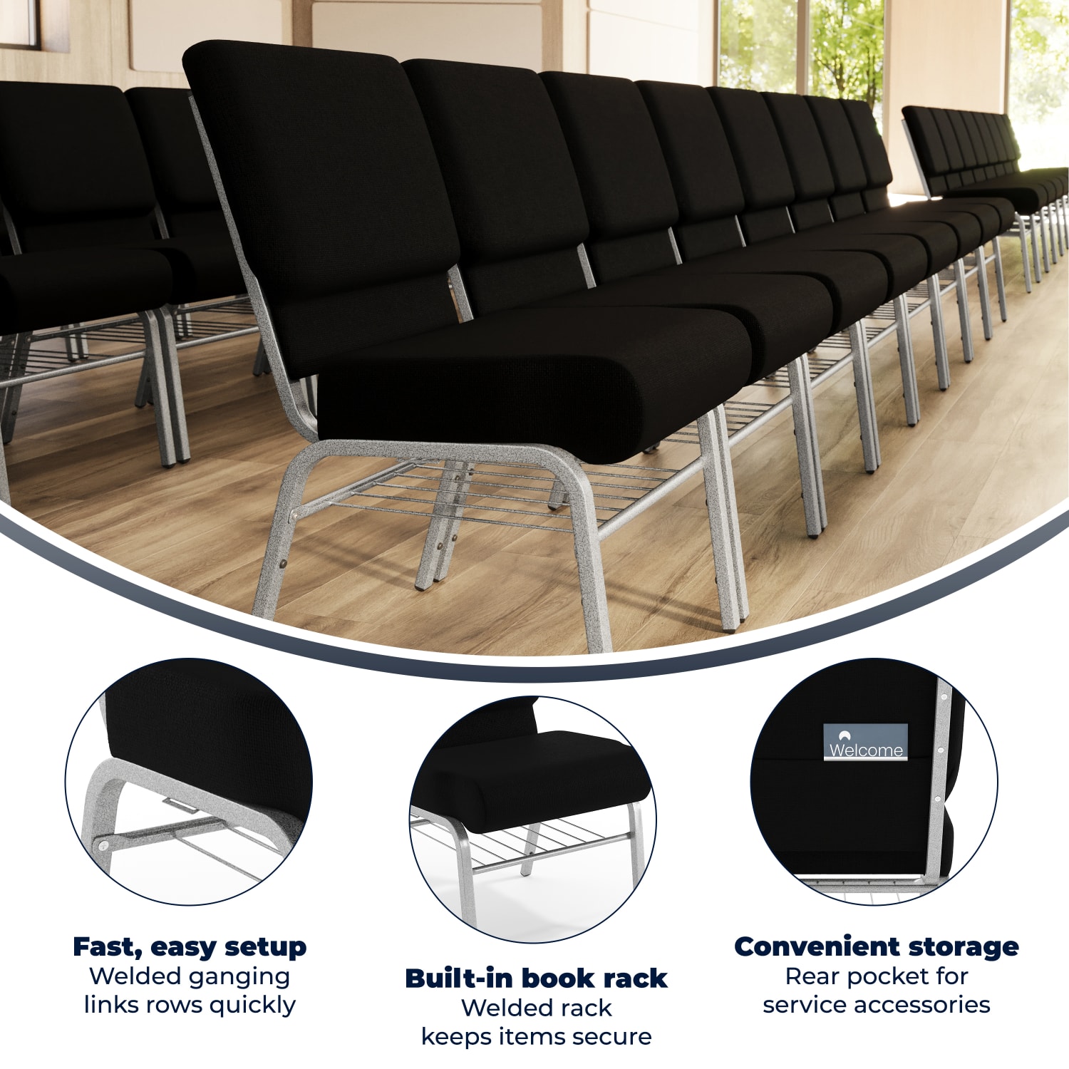 Flash Furniture HERCULES Series 21ft"W Church Chair w/ Book Rack, Black/Silver Vein - Image 4