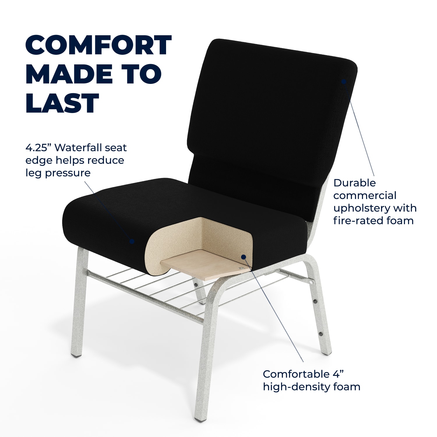 Flash Furniture HERCULES Series 21ft"W Church Chair w/ Book Rack, Black/Silver Vein - Image 5
