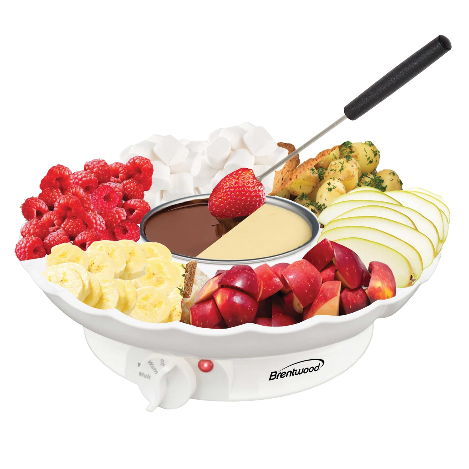 Brentwood 25W Electric Fondue Pot Set With 3-Section Tray And 4 Dipping Forks, White