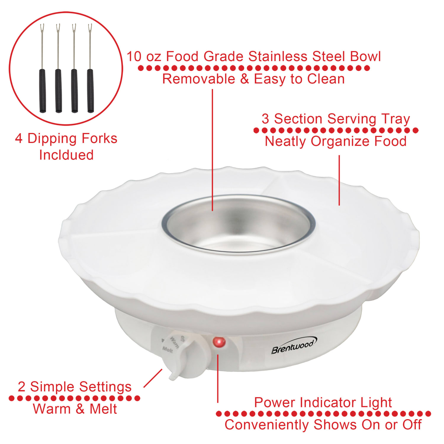Brentwood 25W Electric Fondue Pot Set With 3-Section Tray And 4 Dipping Forks, White - Image 3