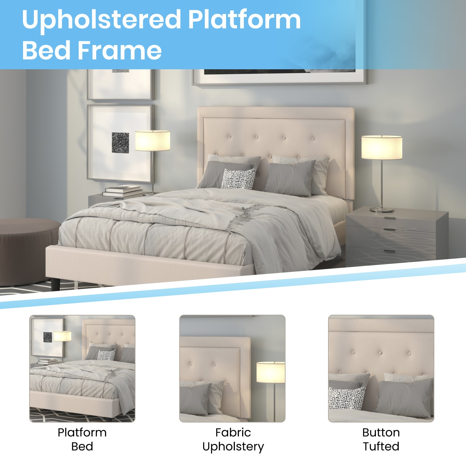 Flash Furniture Roxbury Tufted Upholstered Platform Bed with 10in , Full, 50-3/4inHx59inWx81inL, Beige - SLBM1018 - Image 5