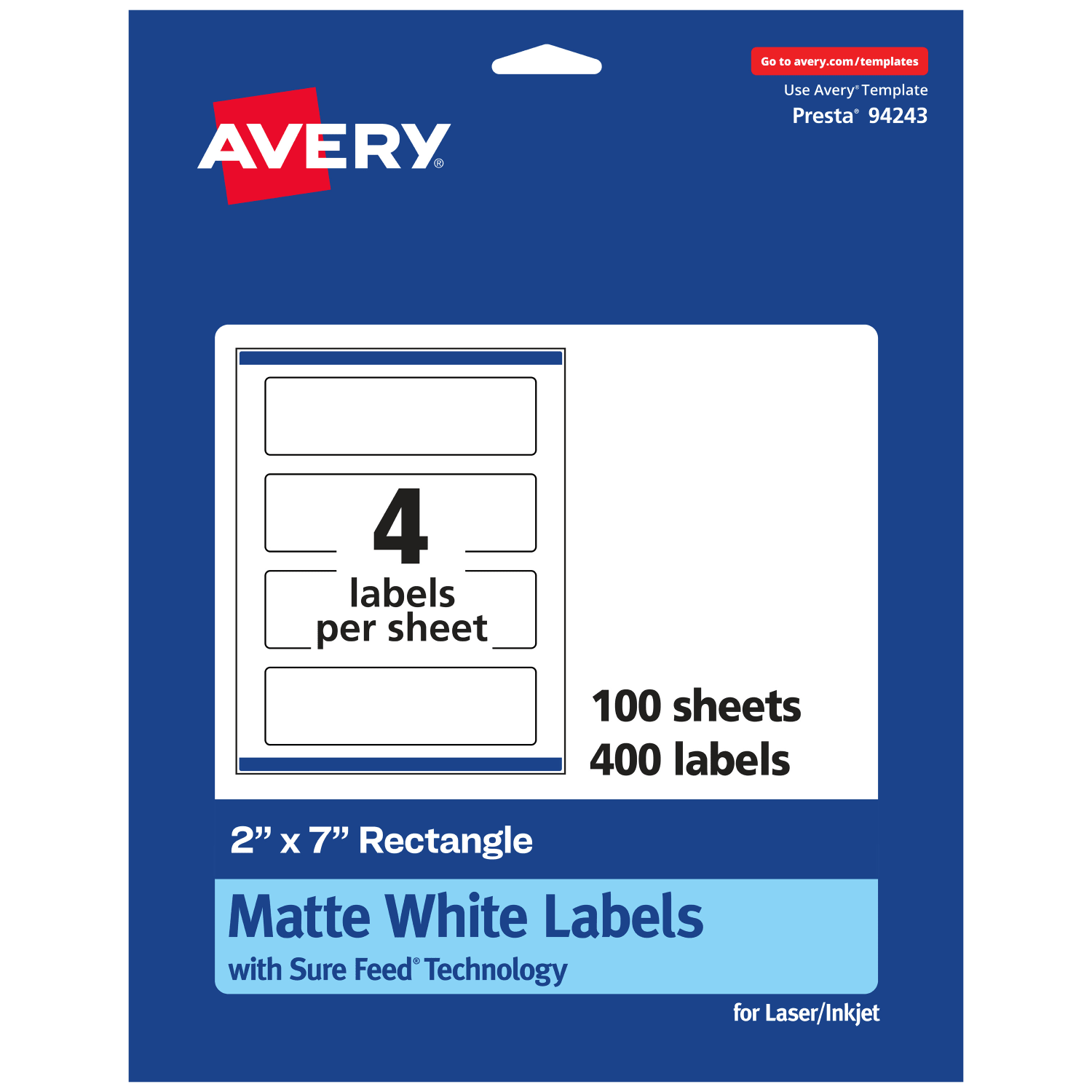 Avery Permanent Labels With Sure Feed, 94243-WMP100, Rectangle, 2in x 7in, White, Pack Of 400