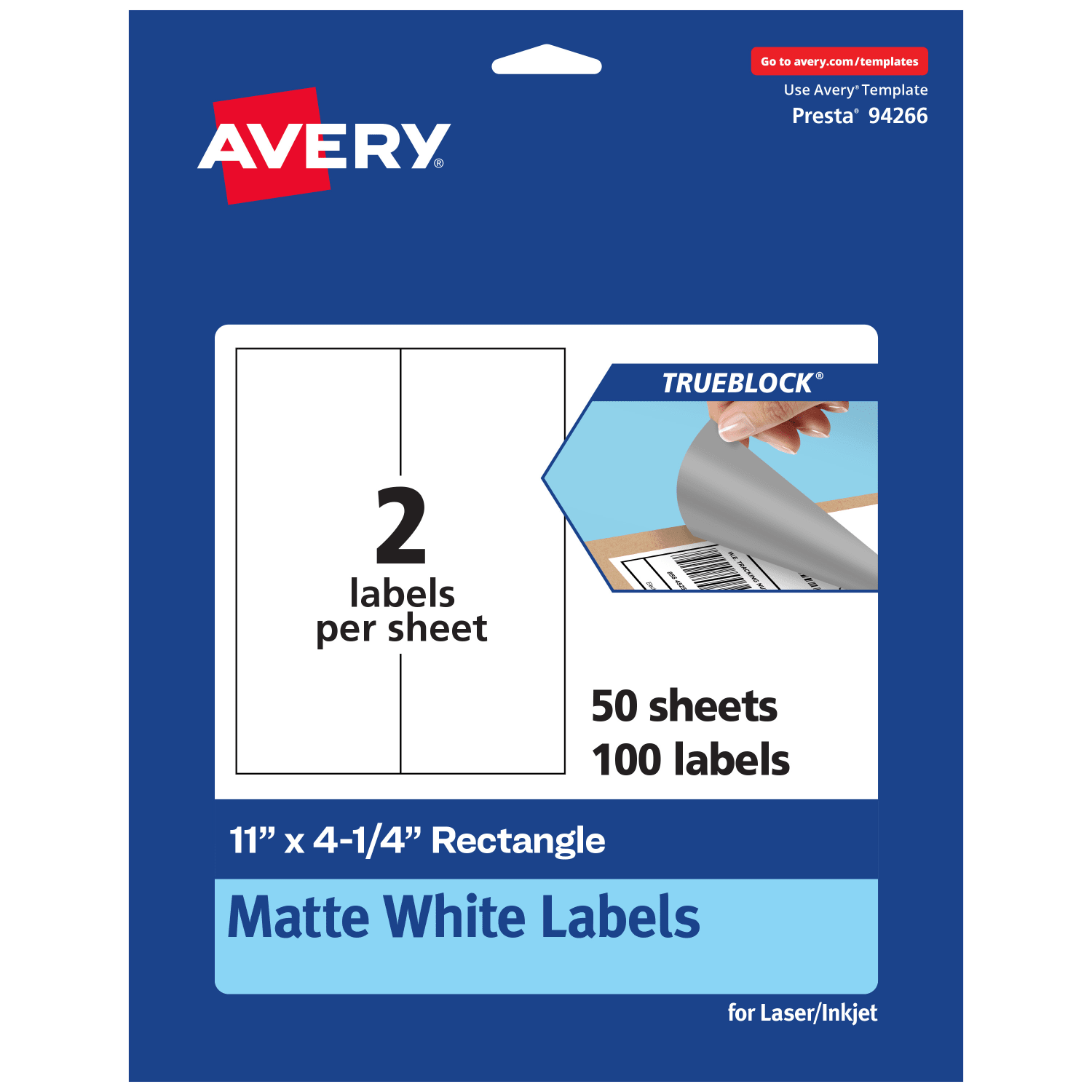 Avery TrueBlock Labels, 94266-TWMP50, Rectangle, 11in x 4-1/4in, Matte White, Pack Of 100