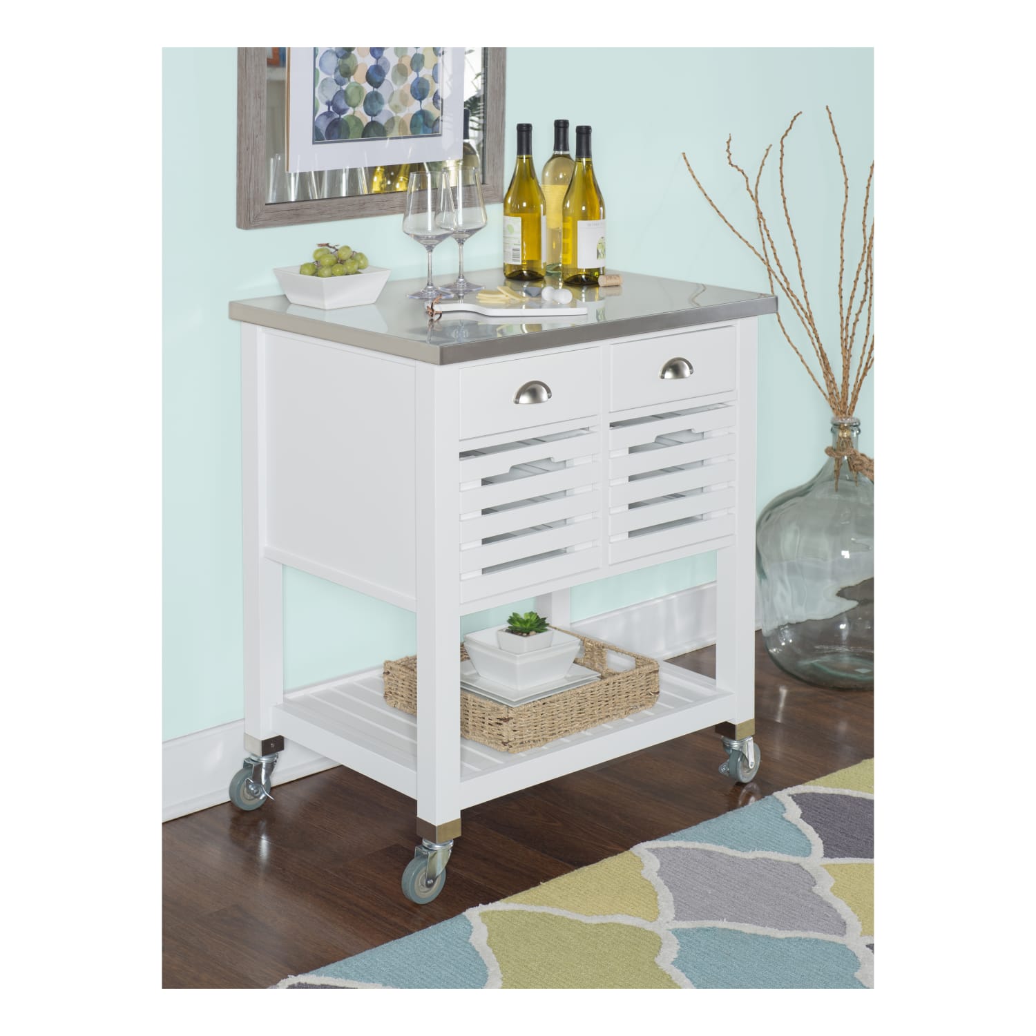 Linon Sherwood Kitchen Cart, 36-1/4inH x 30inW x 22inD, White/Stainless Steel - Image 3