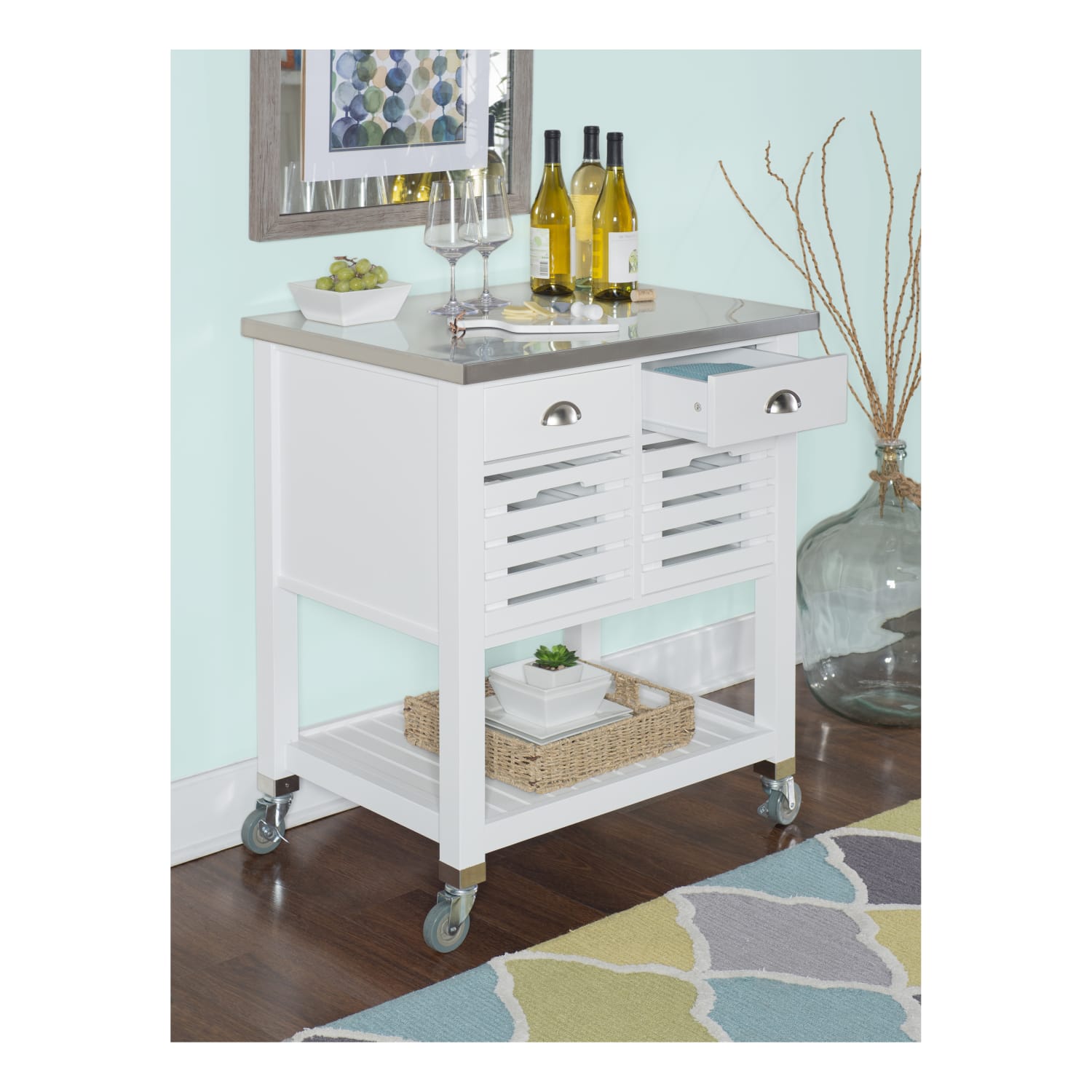 Linon Sherwood Kitchen Cart, 36-1/4inH x 30inW x 22inD, White/Stainless Steel - Image 4