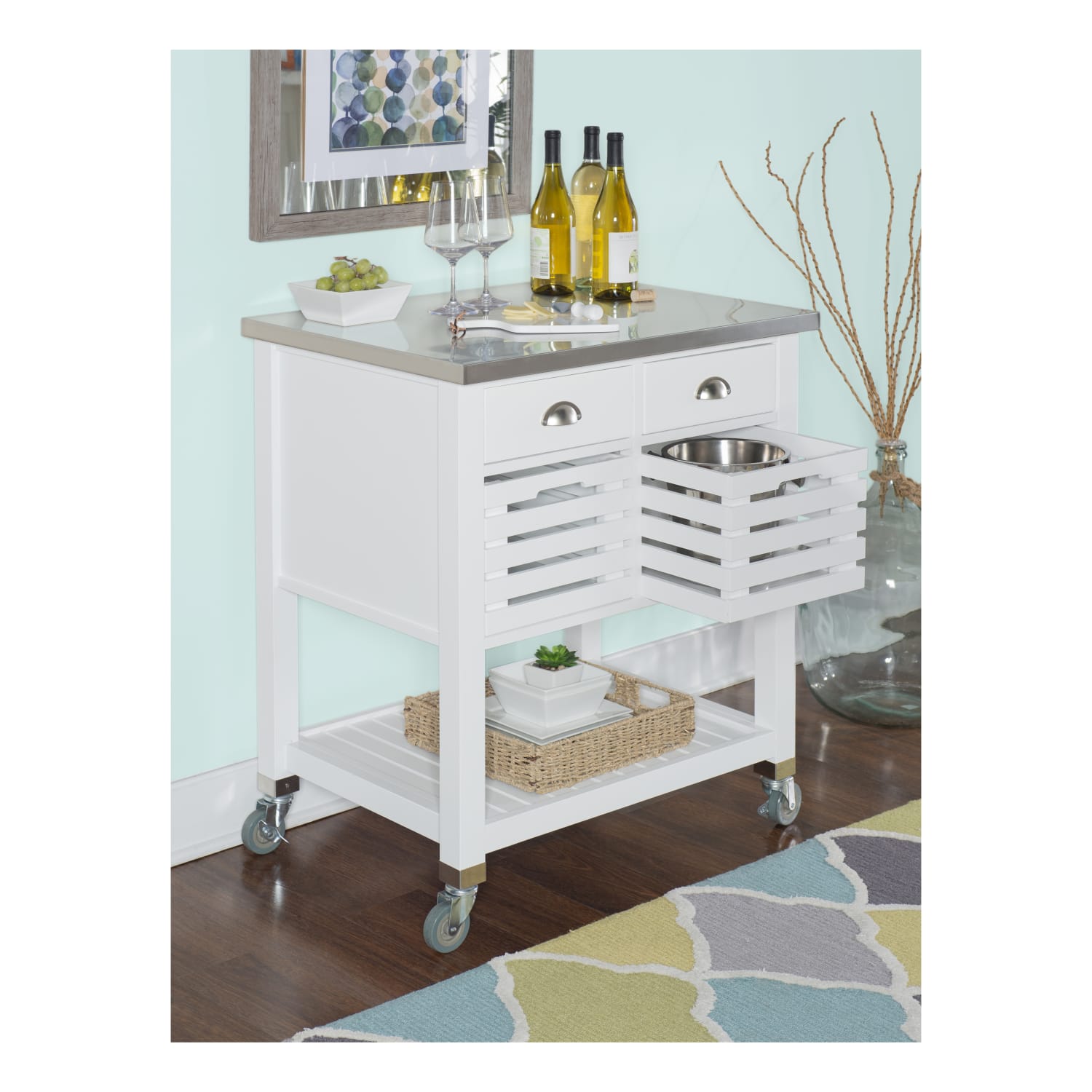 Linon Sherwood Kitchen Cart, 36-1/4inH x 30inW x 22inD, White/Stainless Steel - Image 5