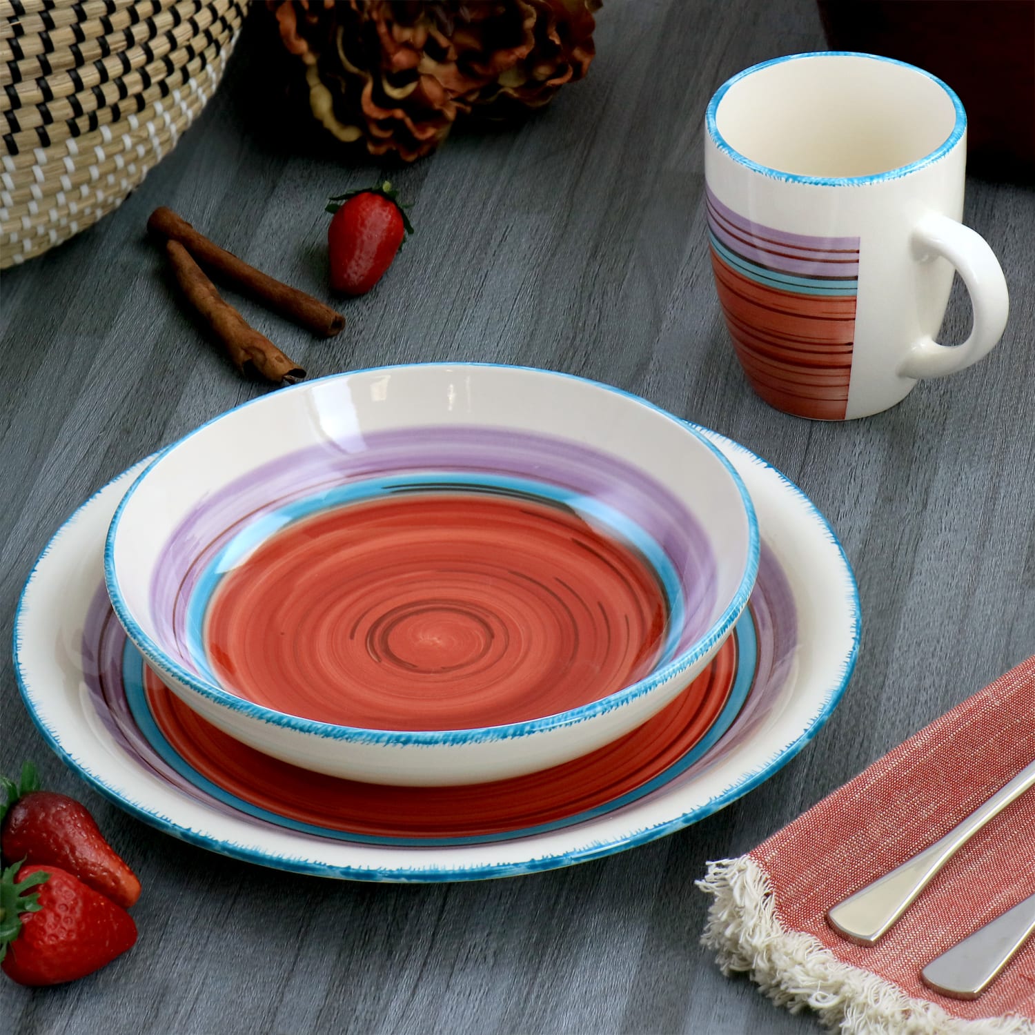 Gibson Home Richvale 12-Piece Dinnerware Set, Red - Image 4