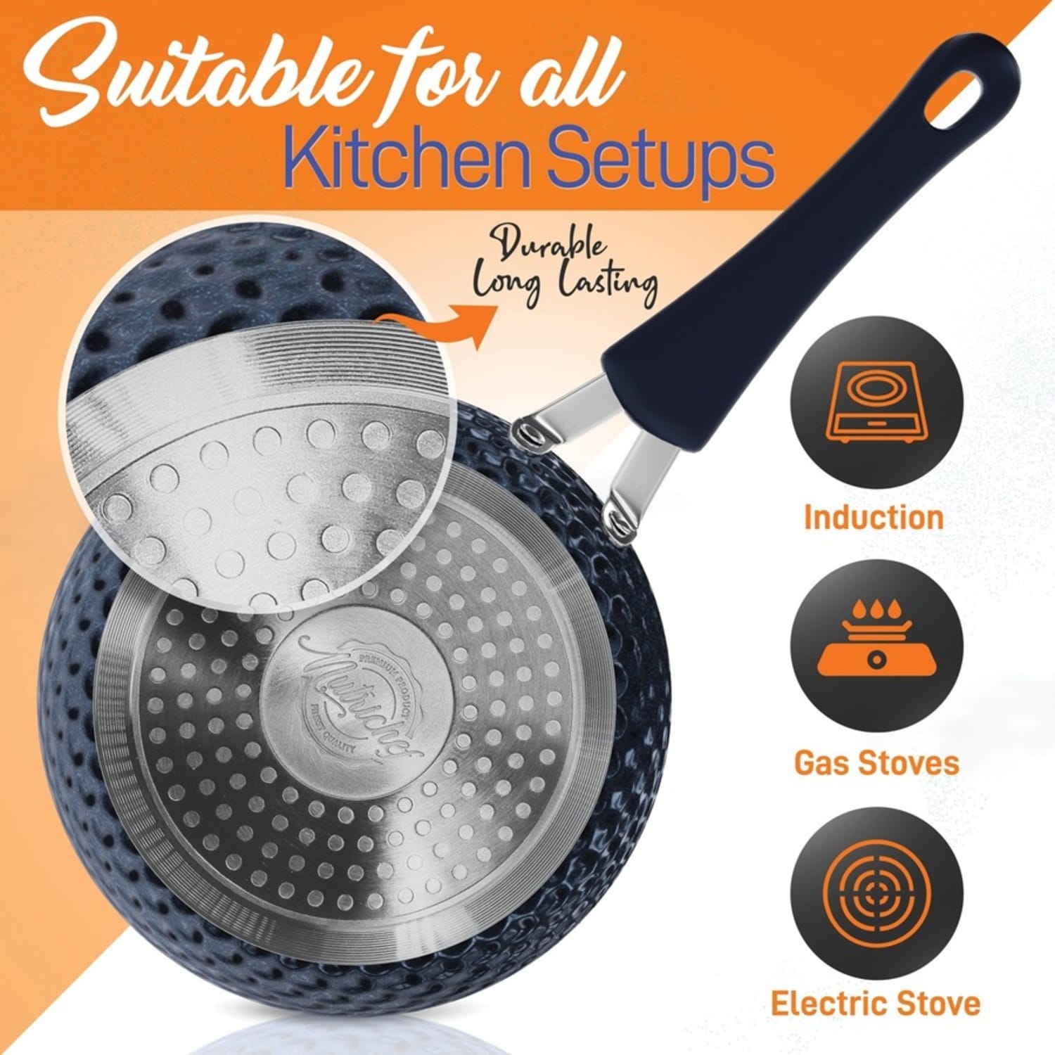 NutriChef Diamond Home Kitchen Cookware Set (Dark Blue) - 11 Pieces - Cooking, Frying, Sauce - 1.70 quart - 2nd Saucepan 3rd Saucepan - 8in Frying Pan - 11in 2nd Frying Pan - 3.60 quart Dutch Oven Griddle - Blue, Dark Blue - Image 5