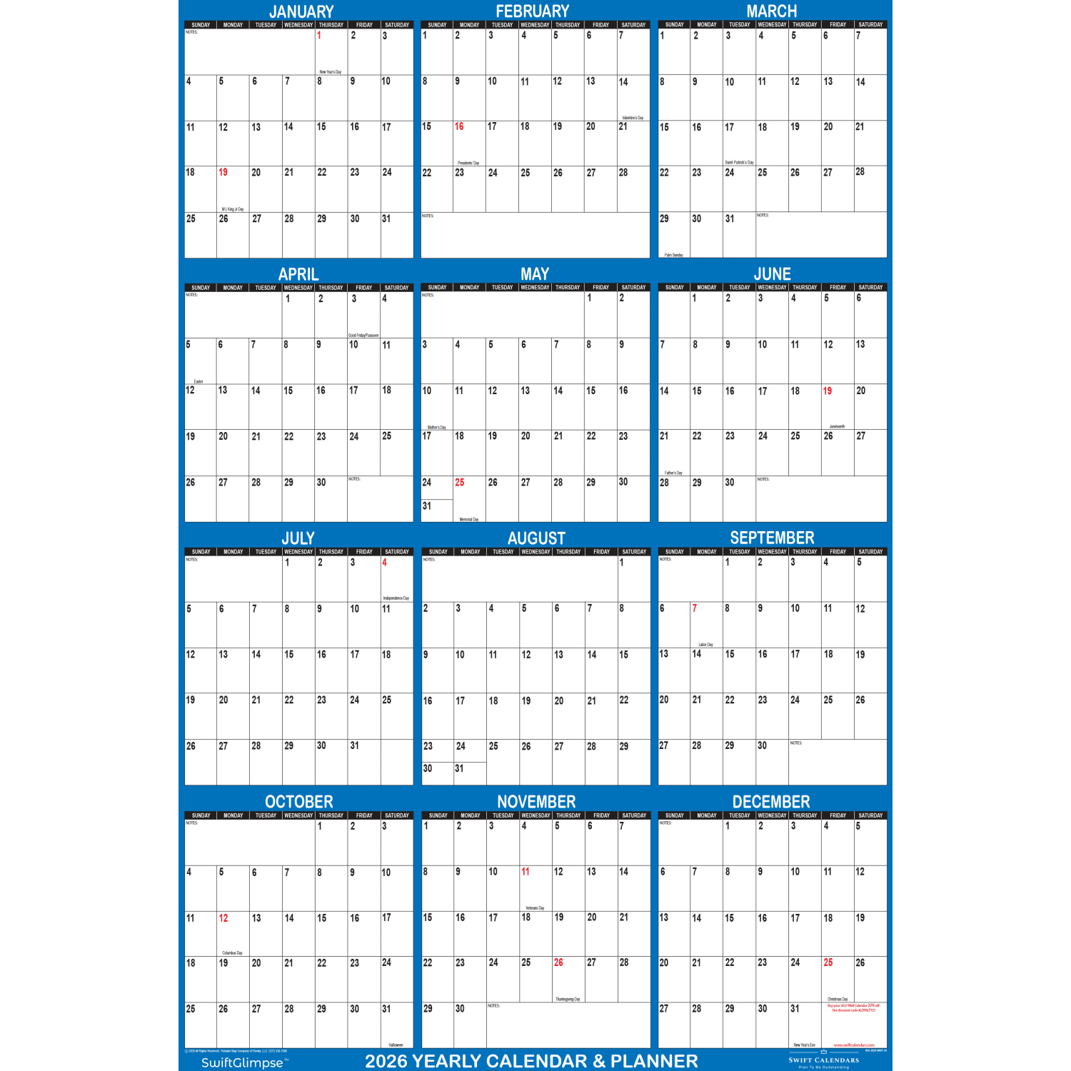2026 SwiftGlimpse Yearly Reversible Erasable Wall Calendar, 18in x 24in, White/Navy, January To December - Image 5