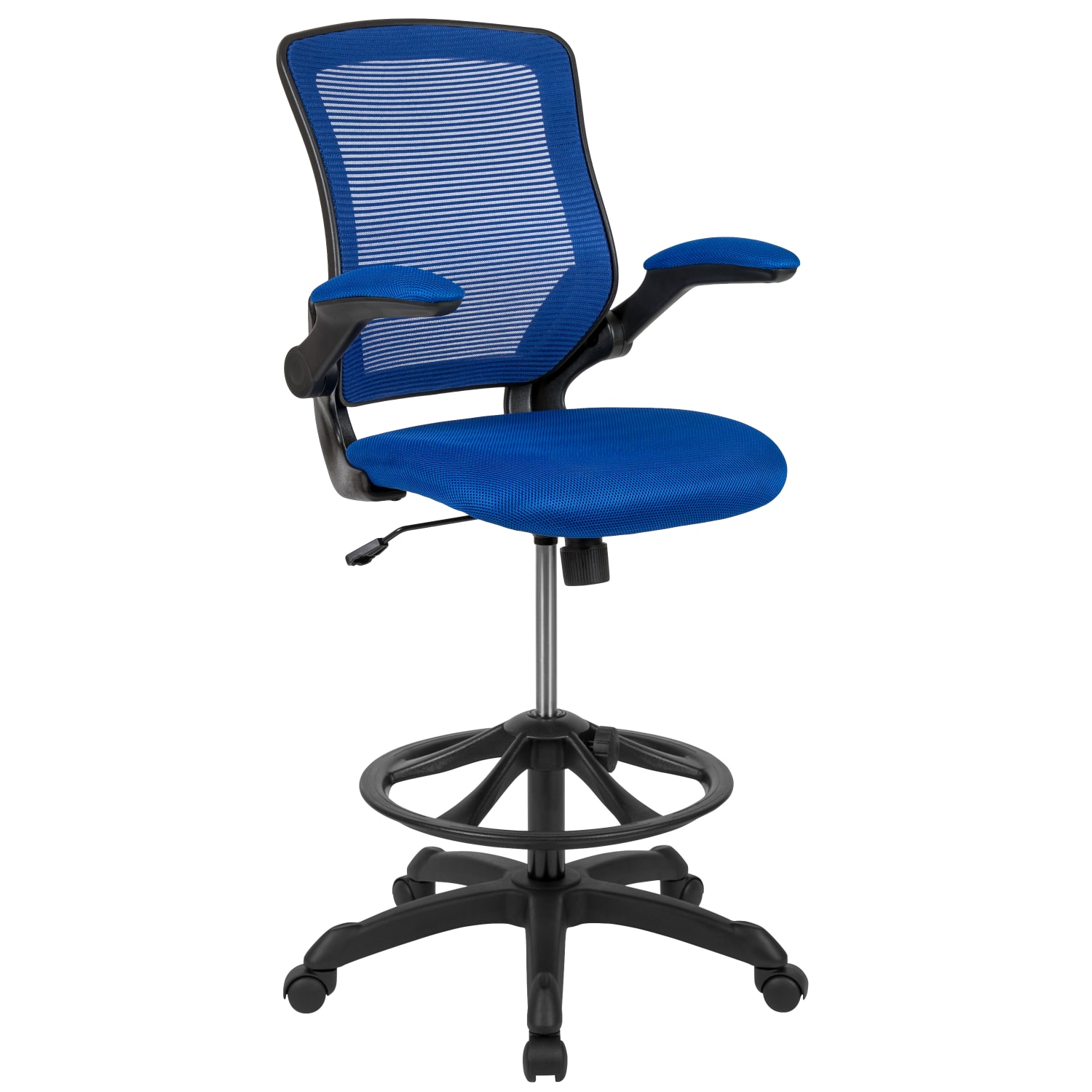 Flash Furniture Mid Back Mesh Ergonomic Drafting Chair with Adjustable Foot Ring and Flip-Up Arms, Blue - Image 3