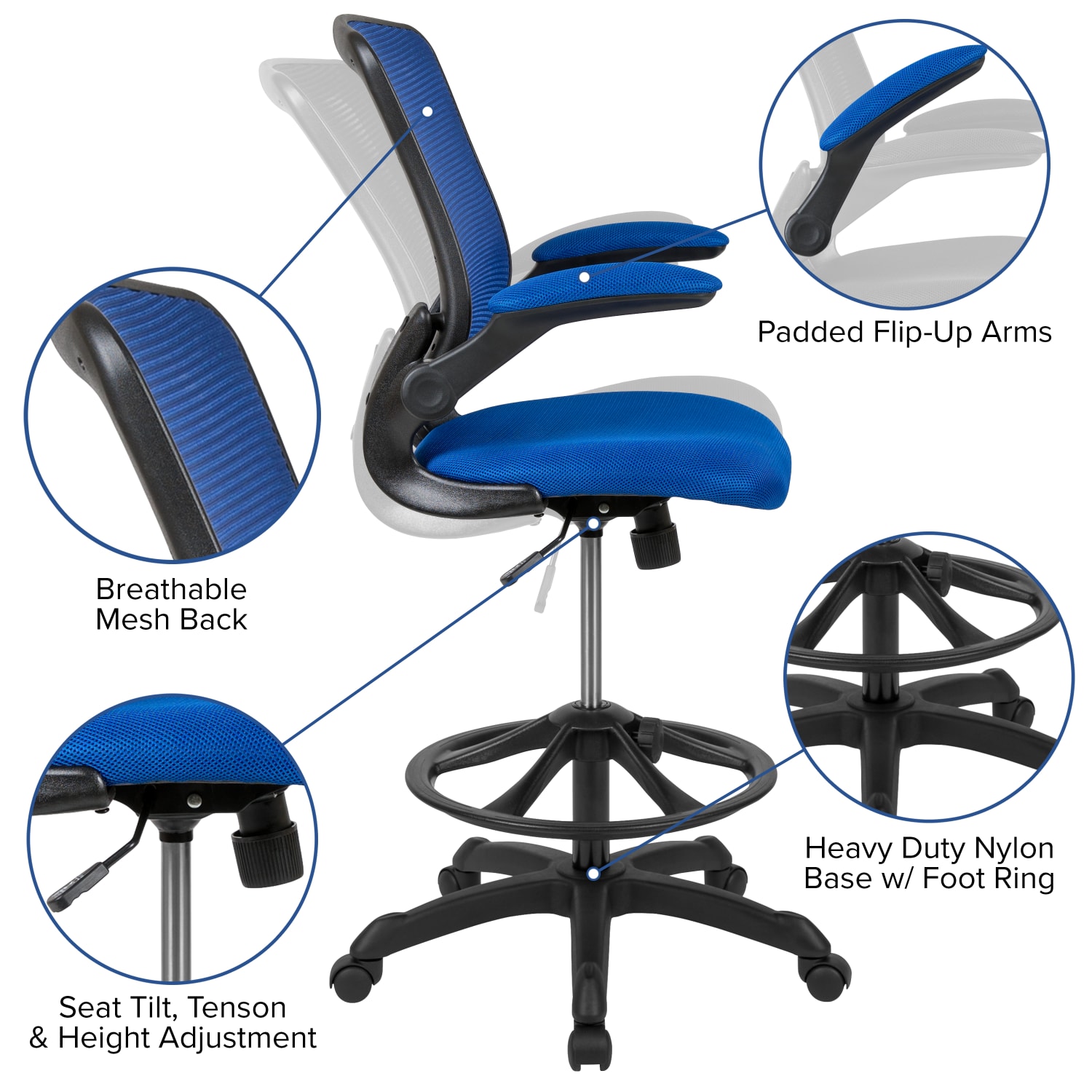 Flash Furniture Mid Back Mesh Ergonomic Drafting Chair with Adjustable Foot Ring and FlipUp Arms Blue PopularChairscom Flash Furniture Mid Back Mesh Ergonomic Drafting Chair with Adjustable Foot Ring and Flip Up Arms Blue PopularChairscom