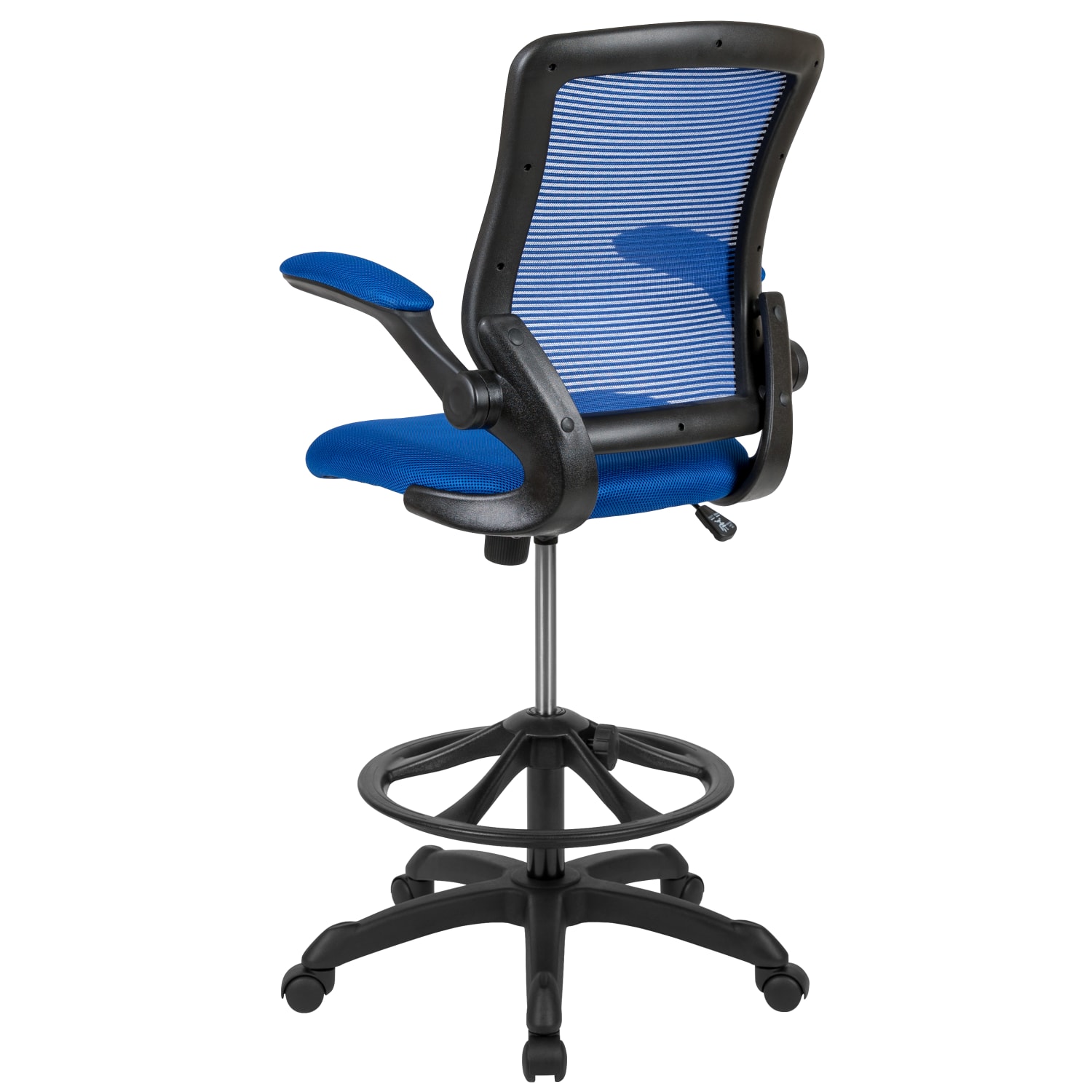Flash Furniture Mid Back Mesh Ergonomic Drafting Chair with Adjustable Foot Ring and FlipUp Arms Blue PopularChairscom Flash Furniture Mid Back Mesh Ergonomic Drafting Chair with Adjustable Foot Ring and Flip Up Arms Blue PopularChairscom