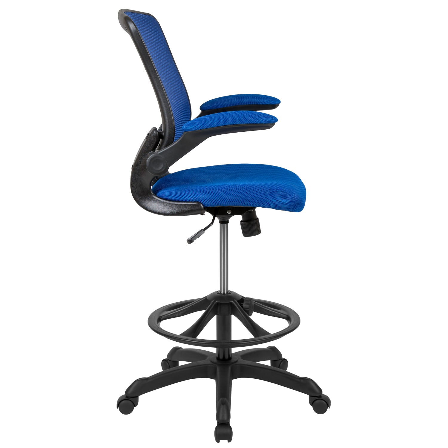 Flash Furniture Mid Back Mesh Ergonomic Drafting Chair with Adjustable Foot Ring and FlipUp Arms Blue PopularChairscom Flash Furniture Mid Back Mesh Ergonomic Drafting Chair with Adjustable Foot Ring and Flip Up Arms Blue PopularChairscom