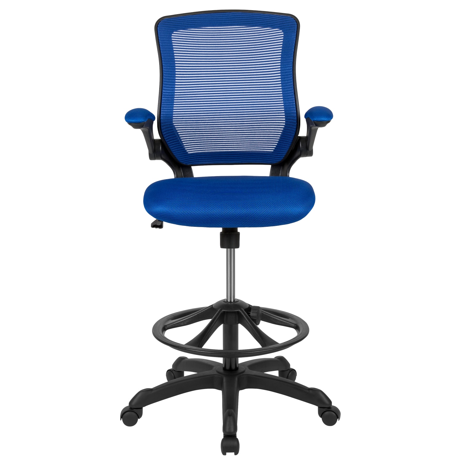 Flash Furniture Mid Back Mesh Ergonomic Drafting Chair with Adjustable Foot Ring and FlipUp Arms Blue PopularChairscom Flash Furniture Mid Back Mesh Ergonomic Drafting Chair with Adjustable Foot Ring and Flip Up Arms Blue PopularChairscom