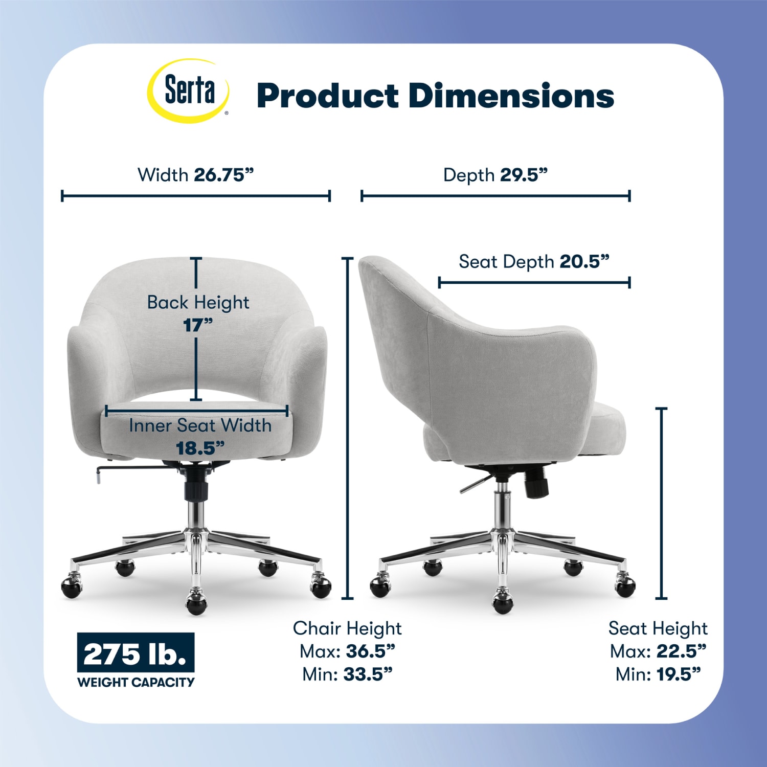 Serta Mia Ergonomic Fabric Mid-Back Home Office Chair, Light Gray - Image 4
