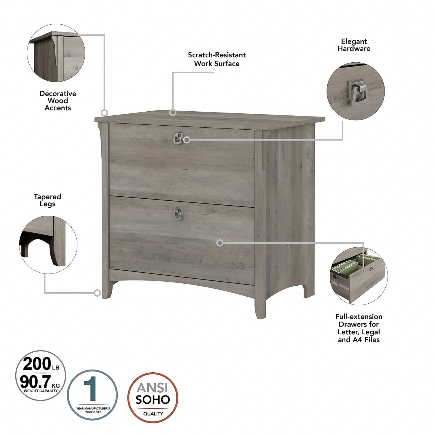 Bush Furniture Salinas 60inW L Shaped Desk with Hutch, Lateral File Cabinet and 5 Shelf Bookcase, Driftwood Gray, Standard Delivery - Image 6