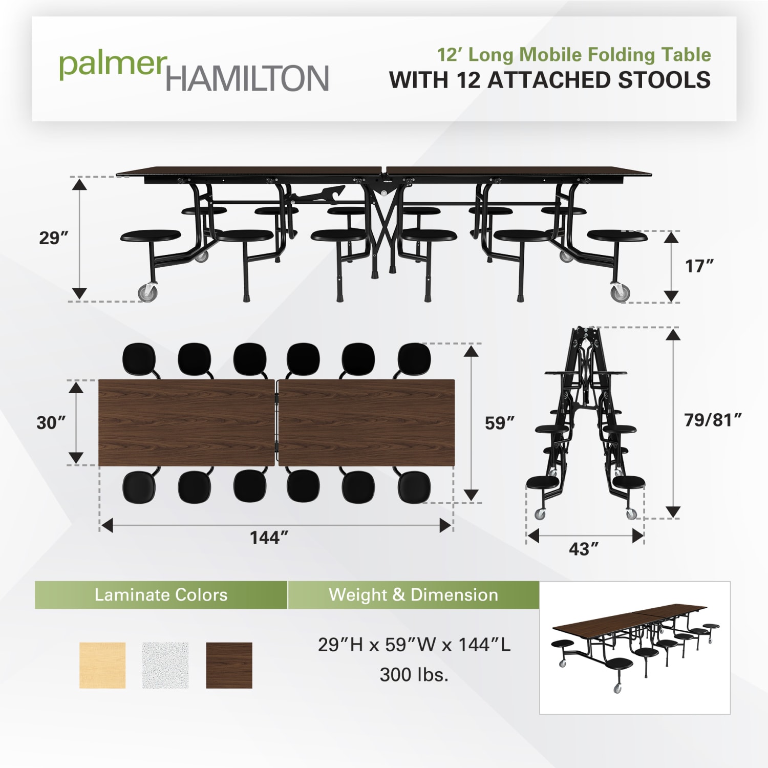 Palmer Hamilton 59TV Mobile Cafeteria Table, 29in x 144in, Montana Walnut - Image 5