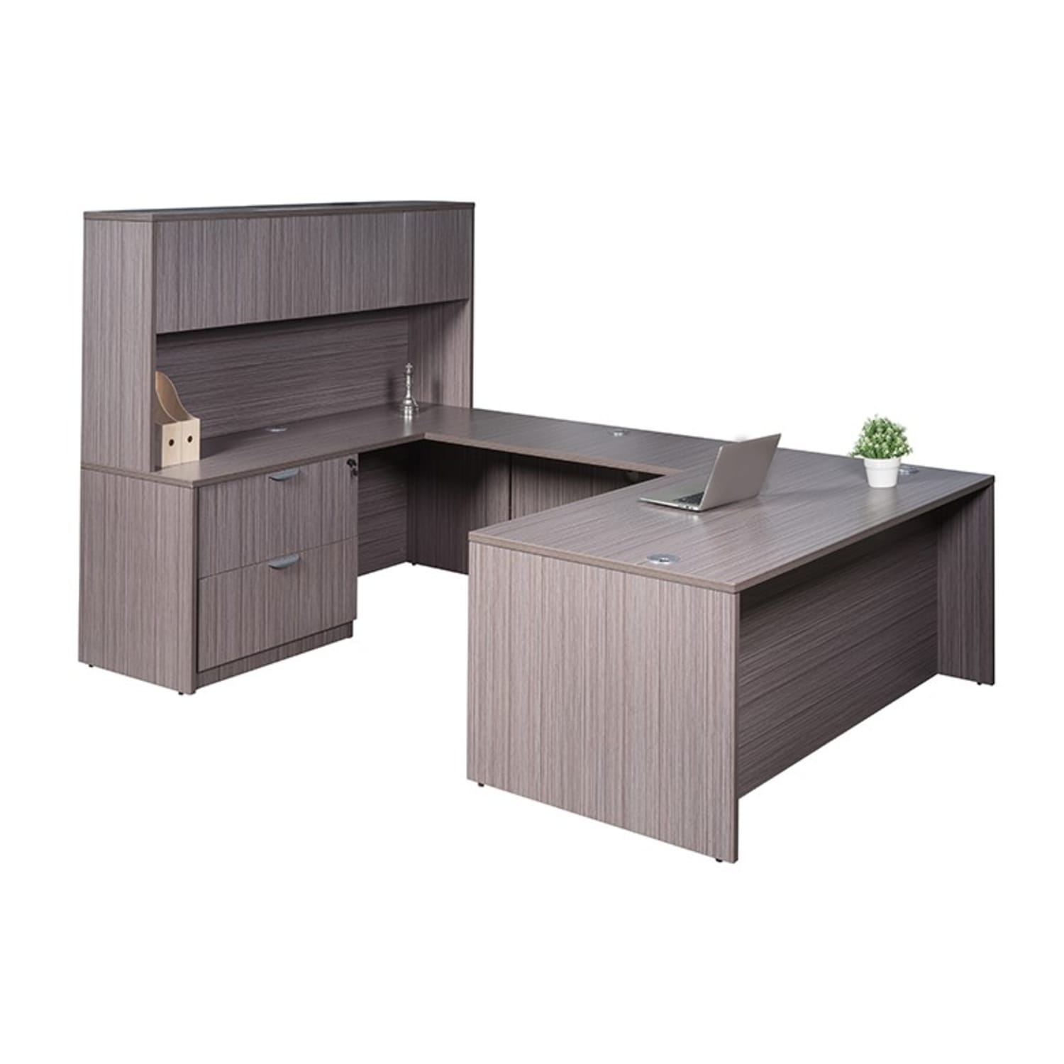 Boss Office Products 71in Executive U-Shaped Desk With 2 Drawer Lateral File And 4-Door Hutch, Driftwood