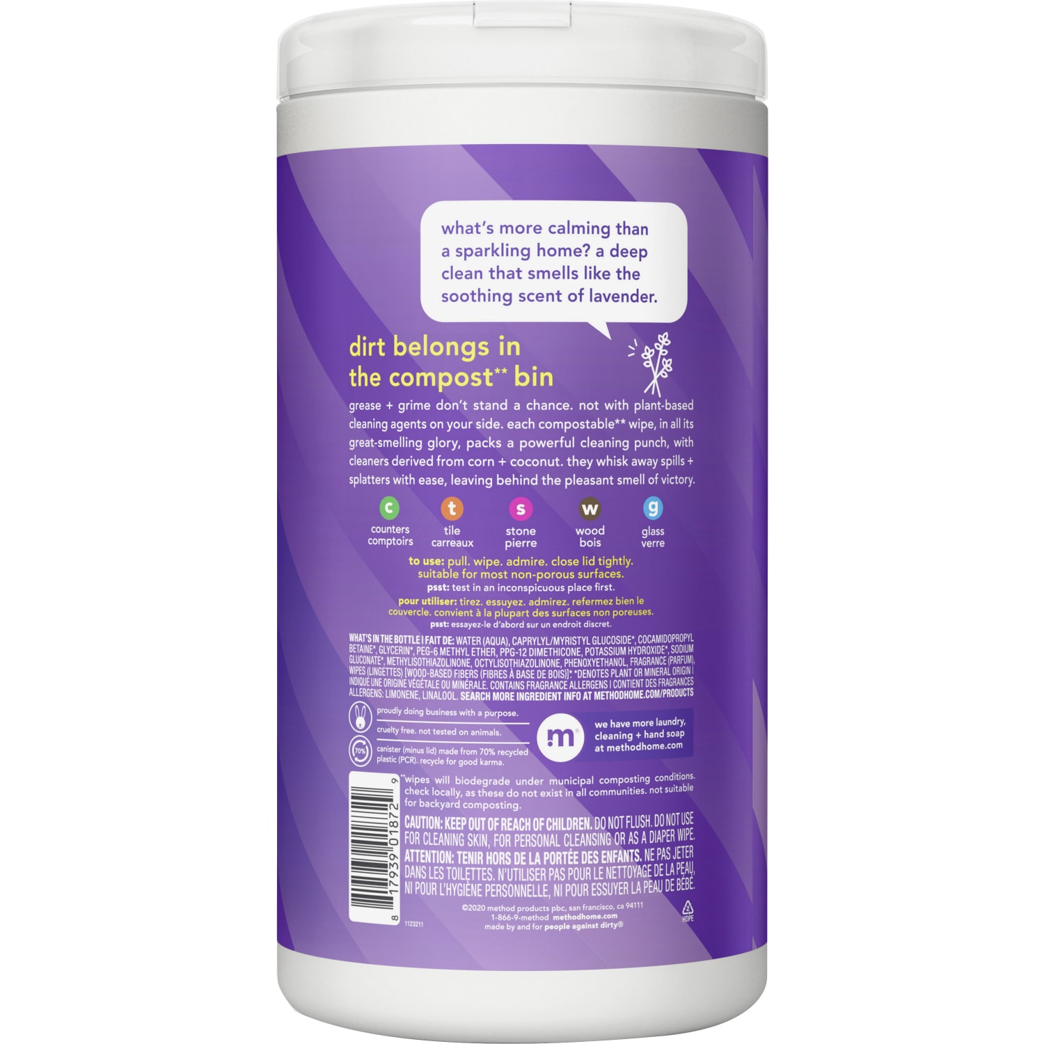 Method Plant-Based Cleaning Wipes, French Lavender Scent, 4in x 4in, 70 Wipes Per Tub - Image 4