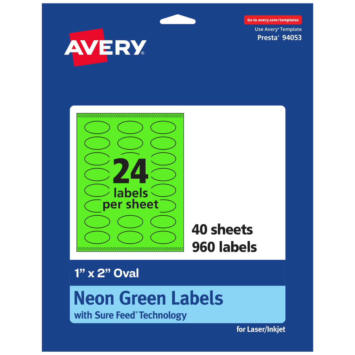 Avery Print-To-The-Edge Labels With Sure Feed Technology And Easy Peel Label Feature, 94053-NGP40, Oval, 1in x 2in, Matte Neon Green, Pack of 960