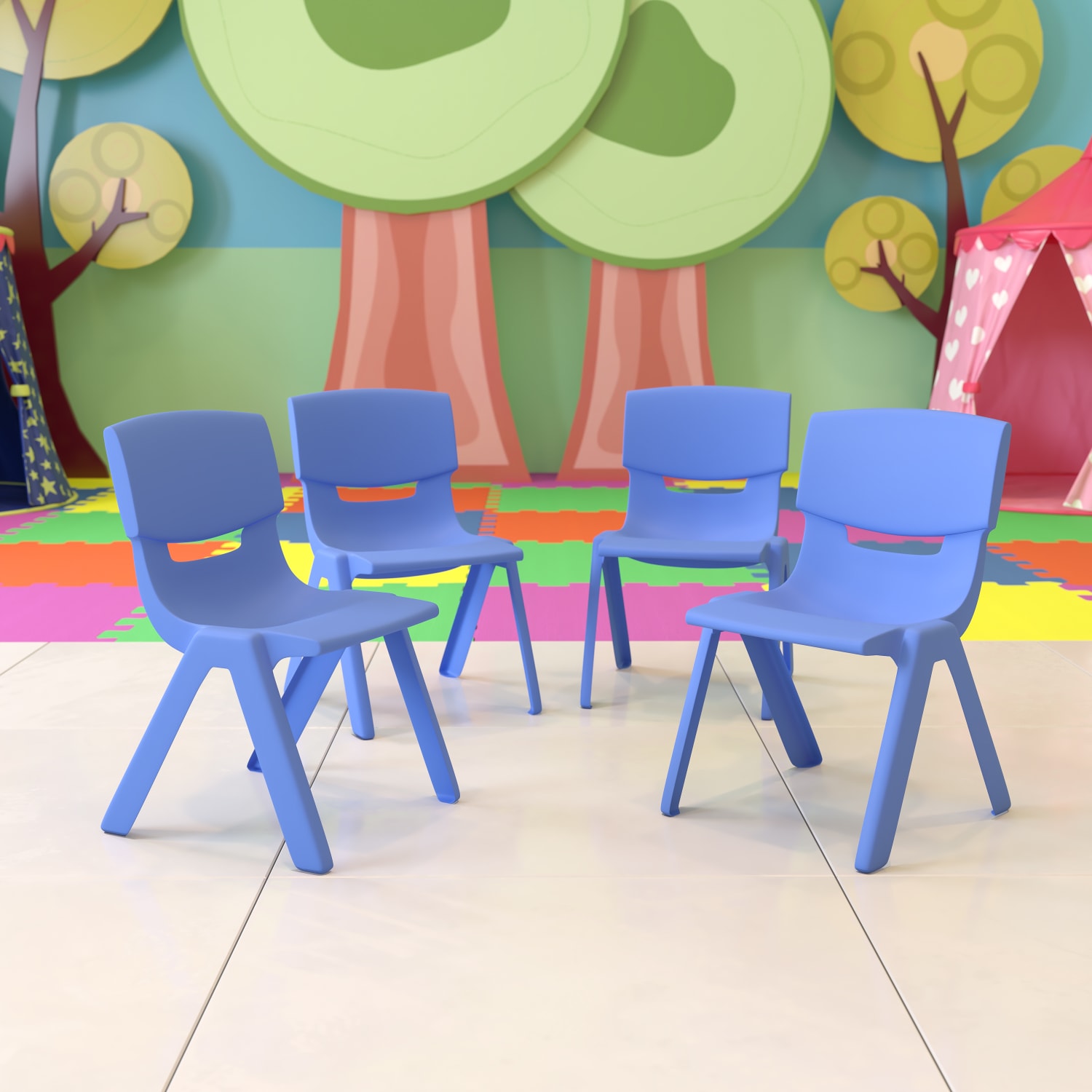 Flash Furniture Plastic Stackable School Chairs With 12ft" Seat Height, Blue, Set Of 4 Chairs
