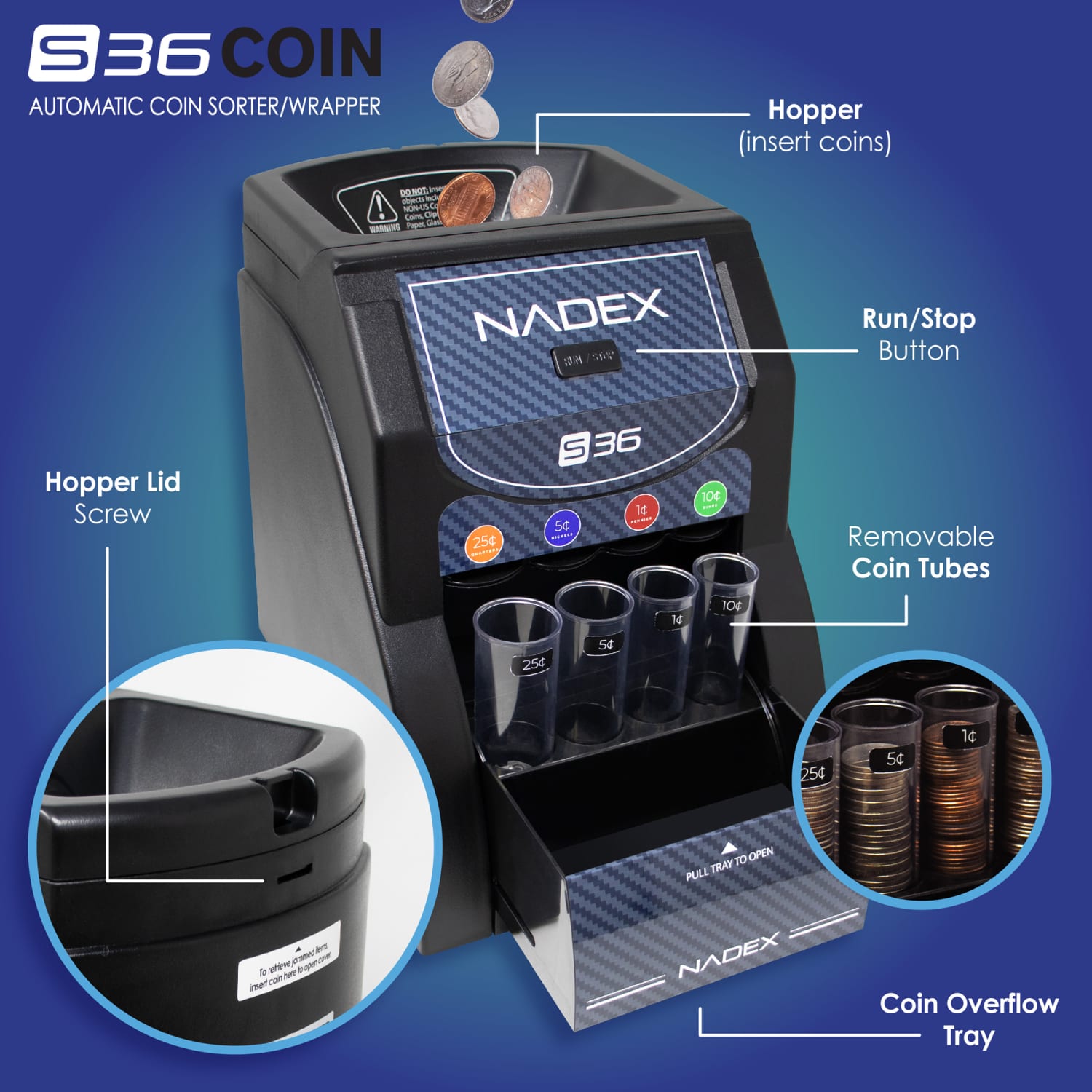 Nadex Coins S36 Automatic Coin Sorter, 10-1/2inH x 10-1/2inW x 7-1/2inD, Black - Image 6