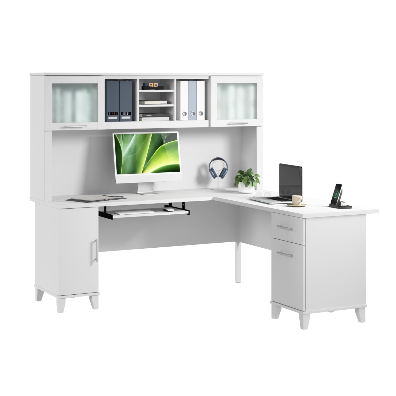 Bush Furniture Somerset 72inW L-Shaped Desk With Hutch, White, Standard Delivery - Image 3