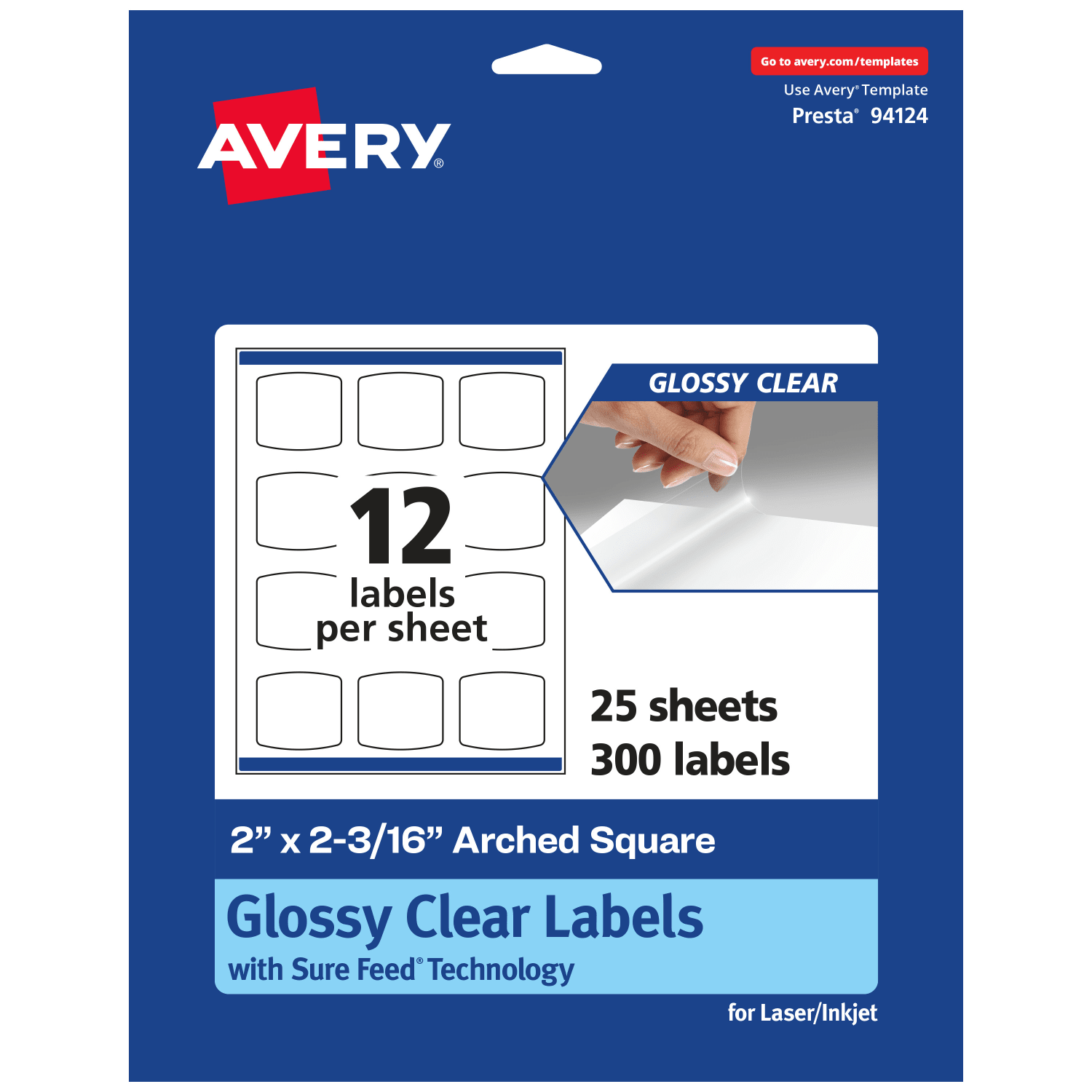 Avery Glossy Permanent Labels With Sure Feed, 94124-CGF25, Arched Square, 2in x 2-3/16in, Clear, Pack Of 300