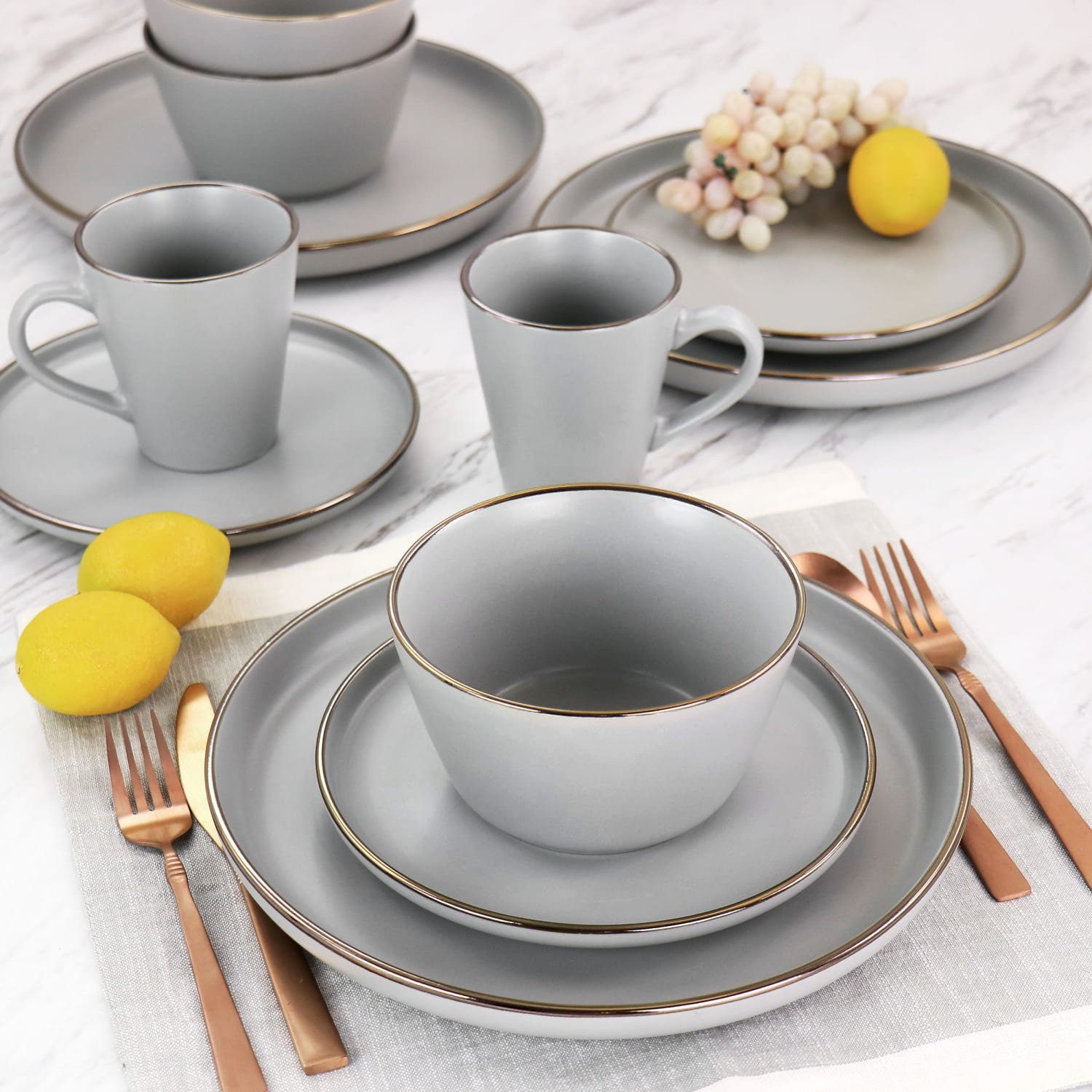 Elama Louis 16-Piece Stoneware Dinnerware Set, Matte Slate/Gold - Image 6