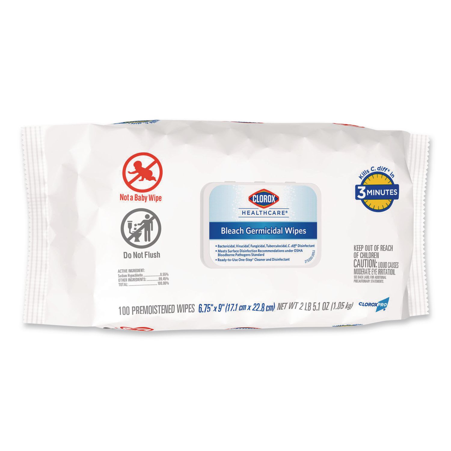 Clorox Healthcare Bleach Germicidal Wipes, 1-Ply, 6.75 x 9, Unscented, White, 100 Wipes/Flat Pack, 6 Packs/Carton - Image 3
