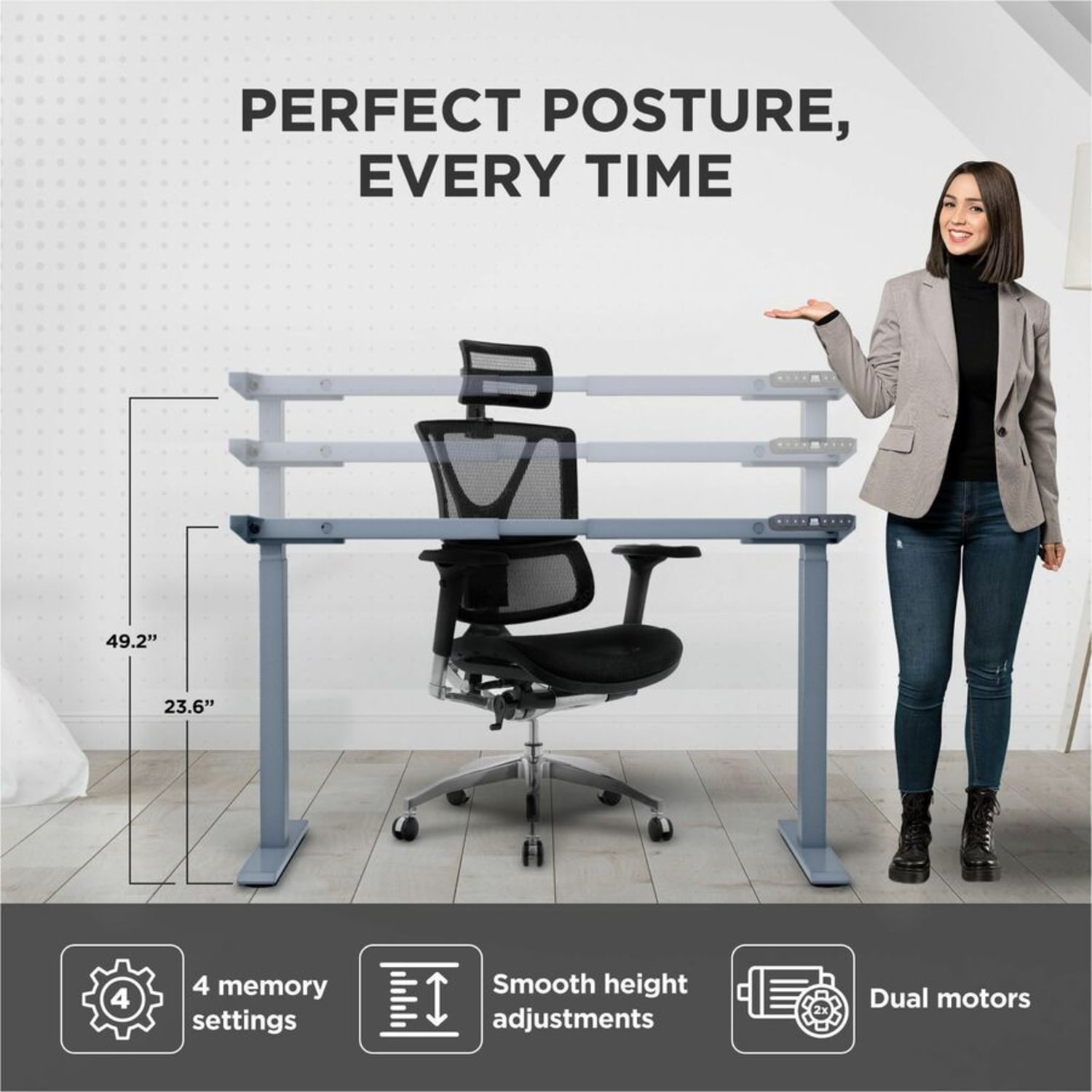 Rise Up Dual Motor Electric Standing Desk Frame with Memory Adjustable Height 26-51.6in Gray - Image 5