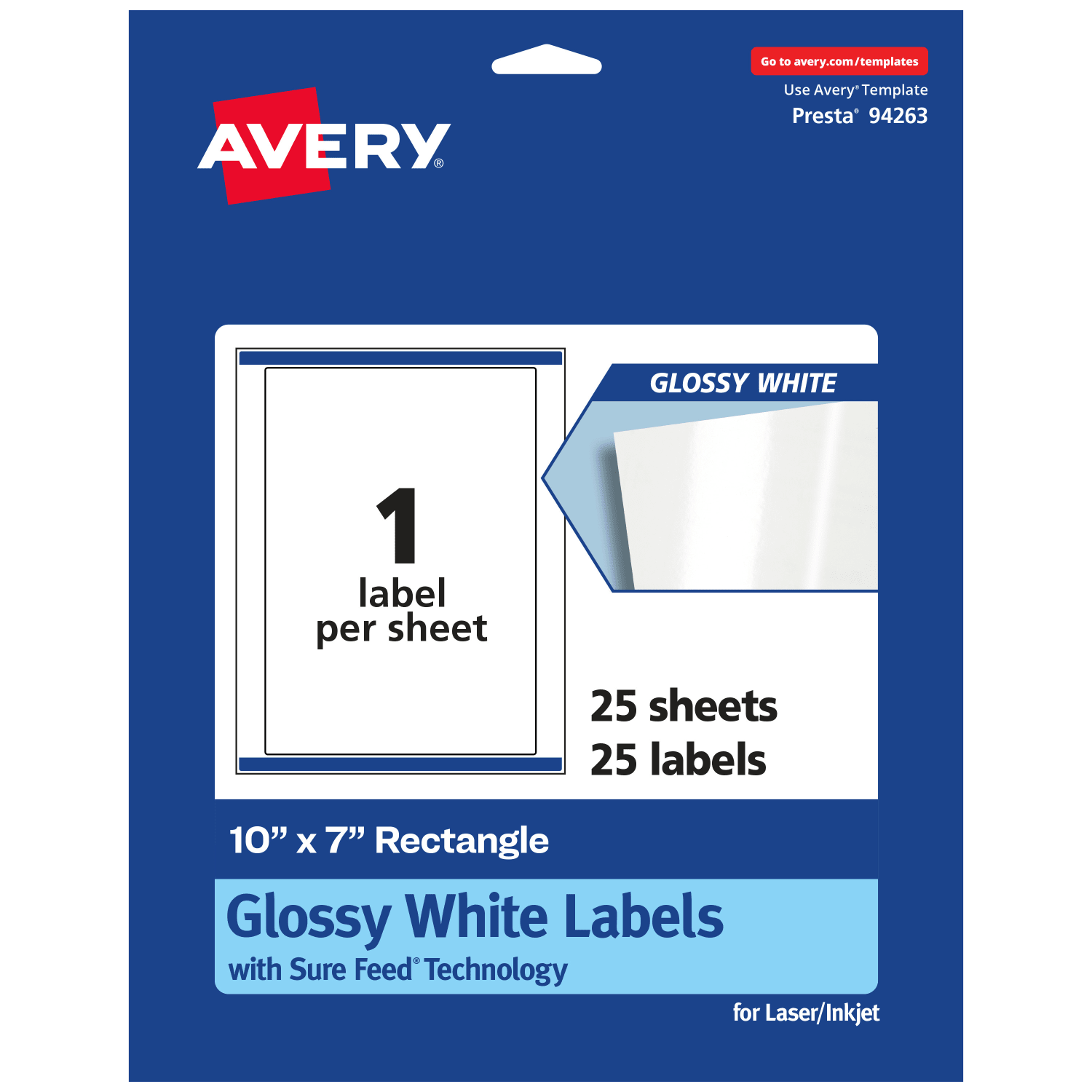 Avery Glossy Permanent Labels With Sure Feed, 94263-WGP25, Rectangle, 10in x 7in, White, Pack Of 25