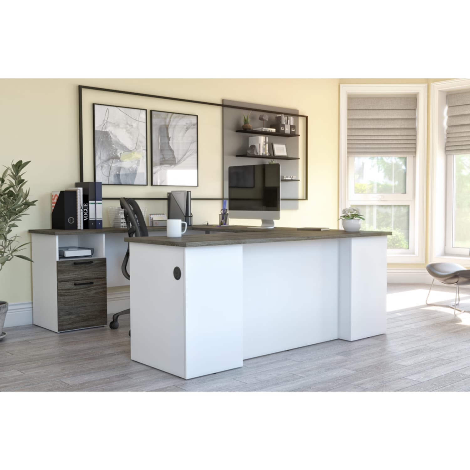 Bestar Norma 71inW U- Or L-Shaped Corner Desk, Walnut Gray/White - Image 5