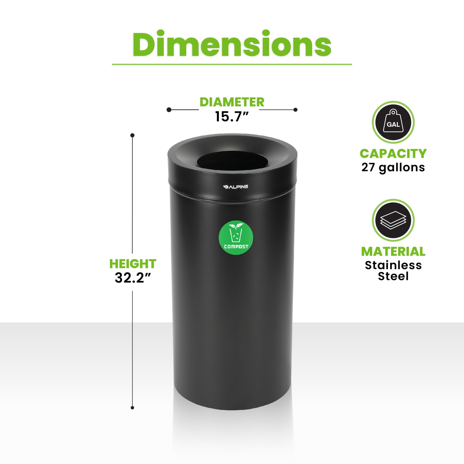 Alpine Industries Stainless Steel Compost Can, 27 Gallon, Black - Image 3